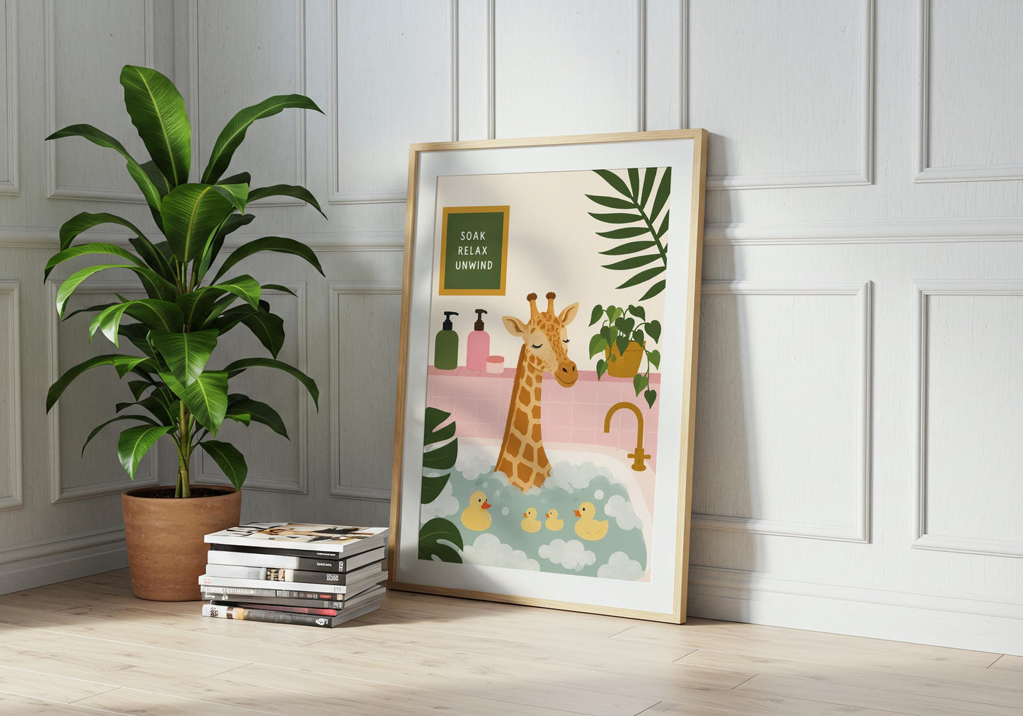 Botanical bathroom wall décor with a playful giraffe enjoying a luxurious bubble bath.