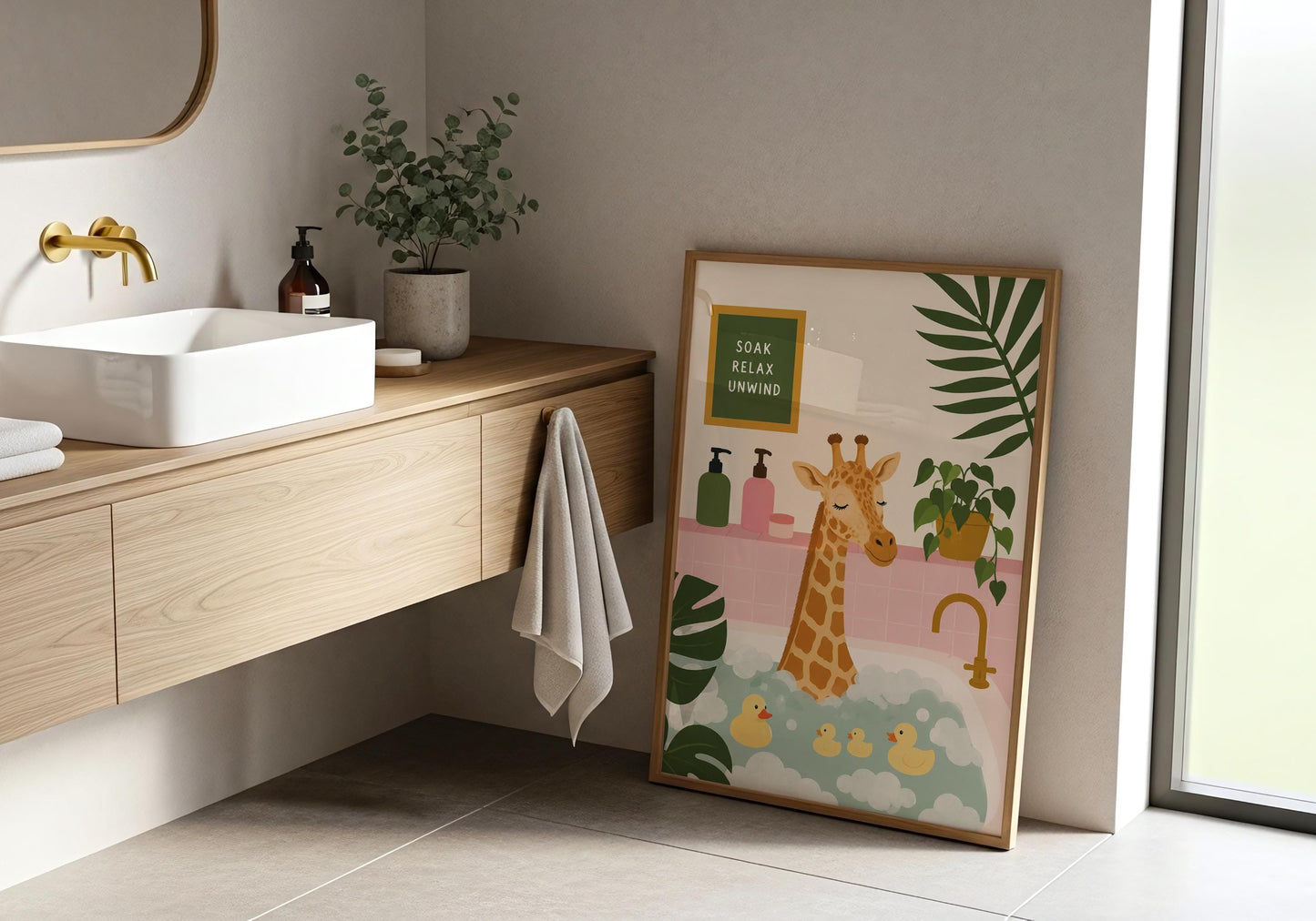 Quirky bathroom print showing a giraffe enjoying a spa bath beneath the words "Soak Relax Unwind."