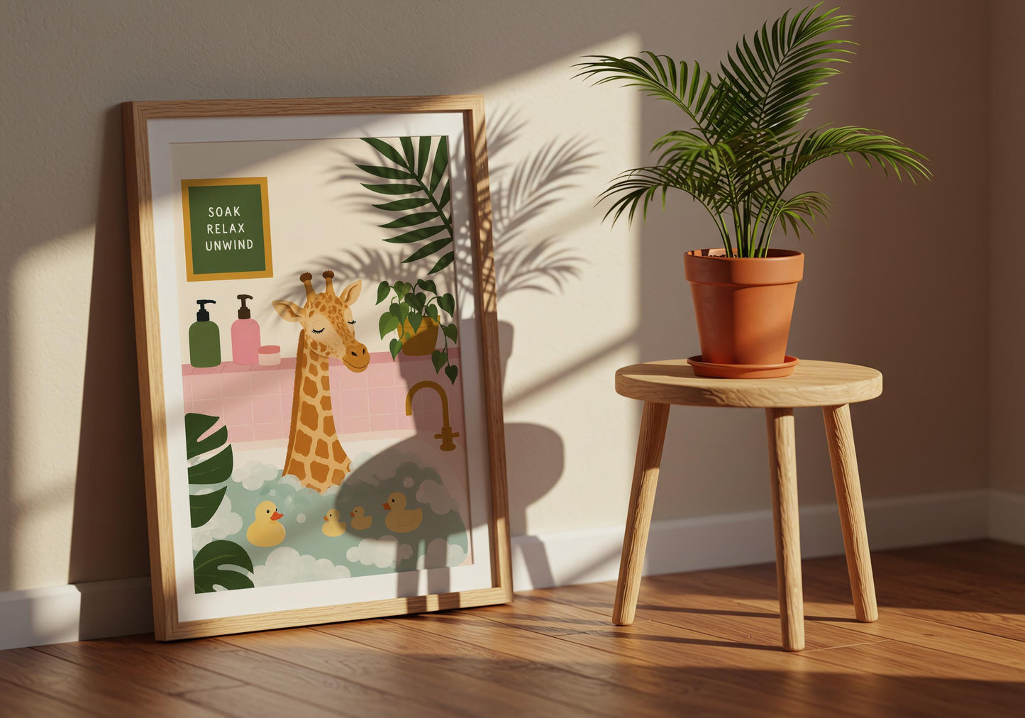 Cute giraffe wall art perfect for tropical bathrooms, guest toilets, and quirky home décor.