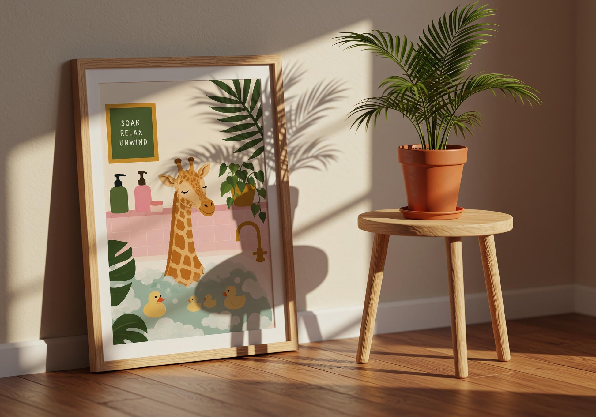 Cute giraffe wall art perfect for tropical bathrooms, guest toilets, and quirky home décor.