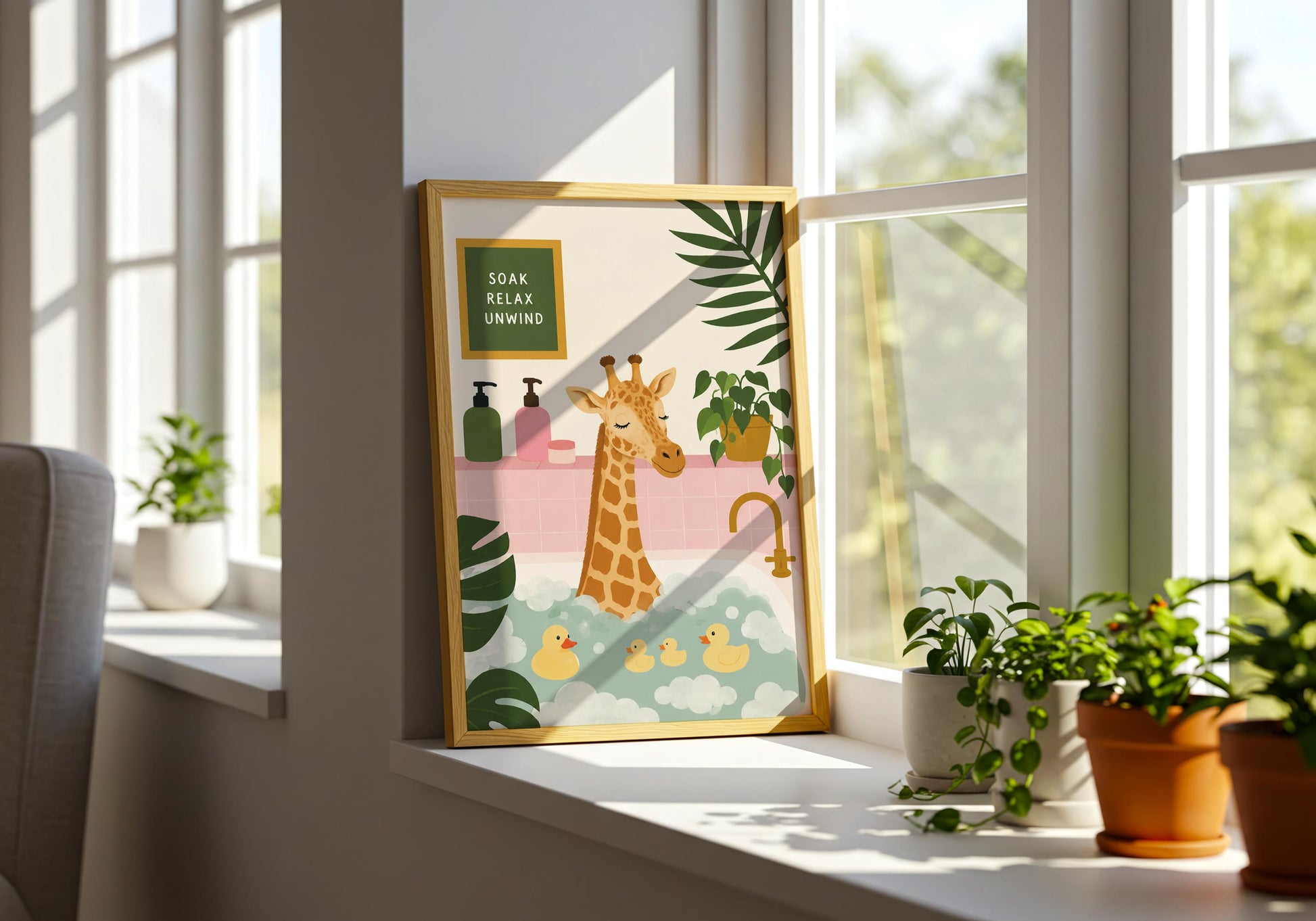 Relaxing bathroom print with a giraffe soaking in bubbles surrounded by houseplants.