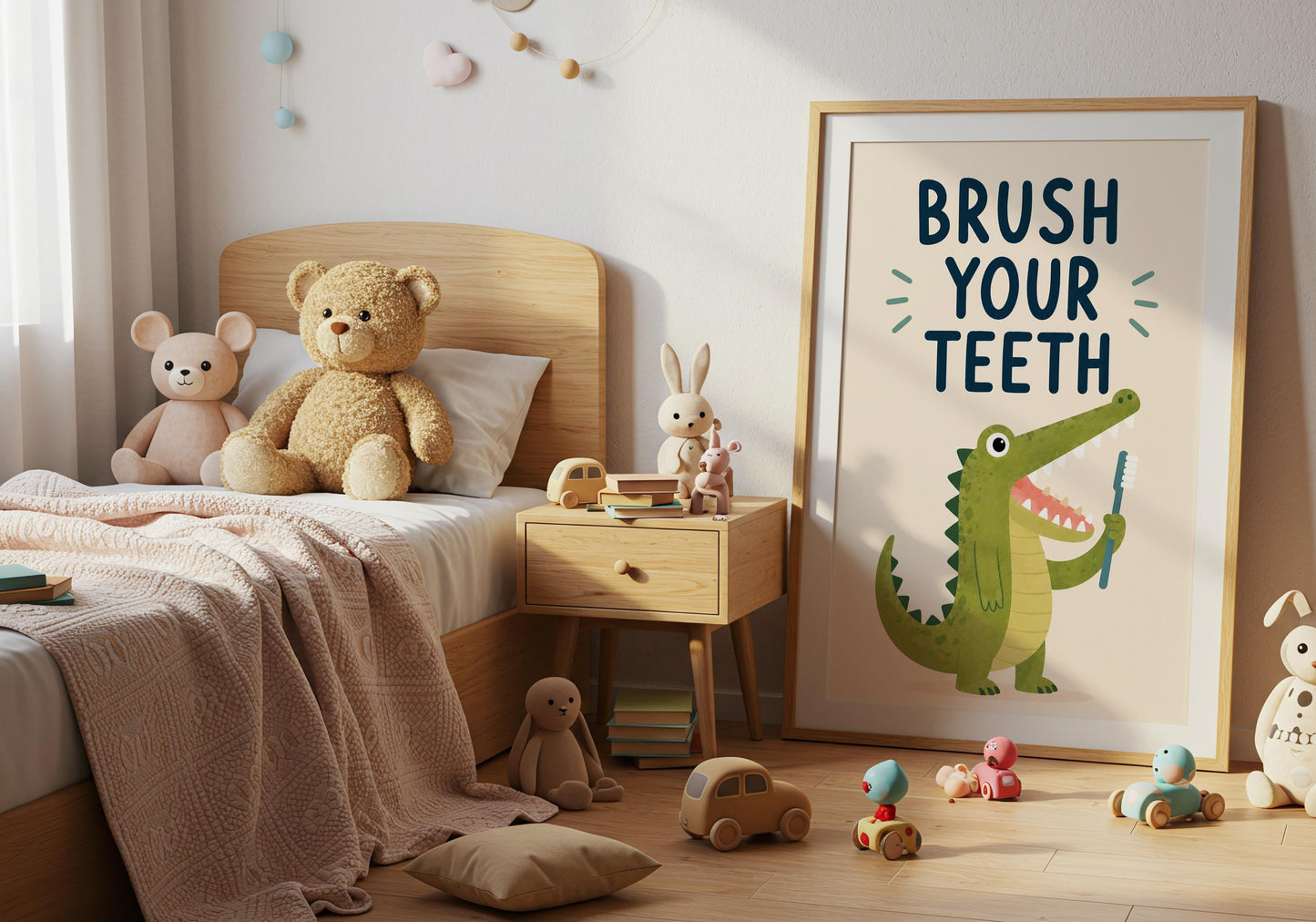 Dinosaur-style crocodile wall art with a toothbrush designed for nursery and kids bathroom décor.