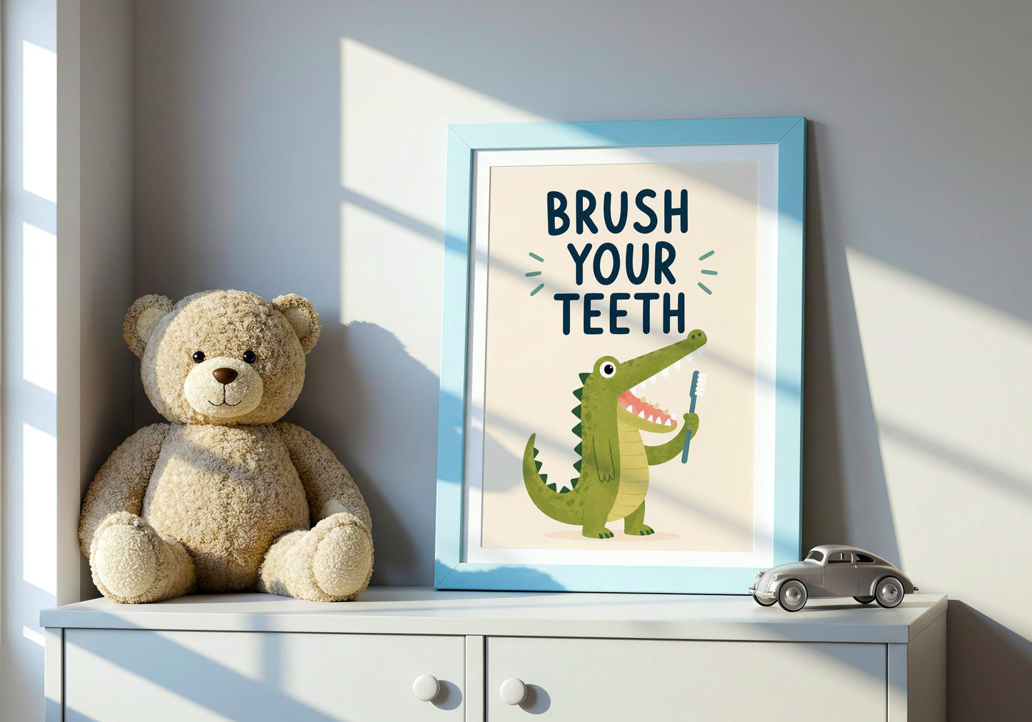 Educational bathroom print encouraging healthy brushing habits with a friendly cartoon crocodile.