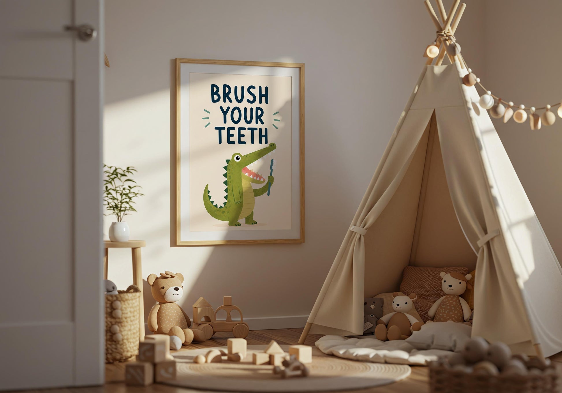 Cute animal bathroom print with a cartoon crocodile promoting good dental hygiene for kids.