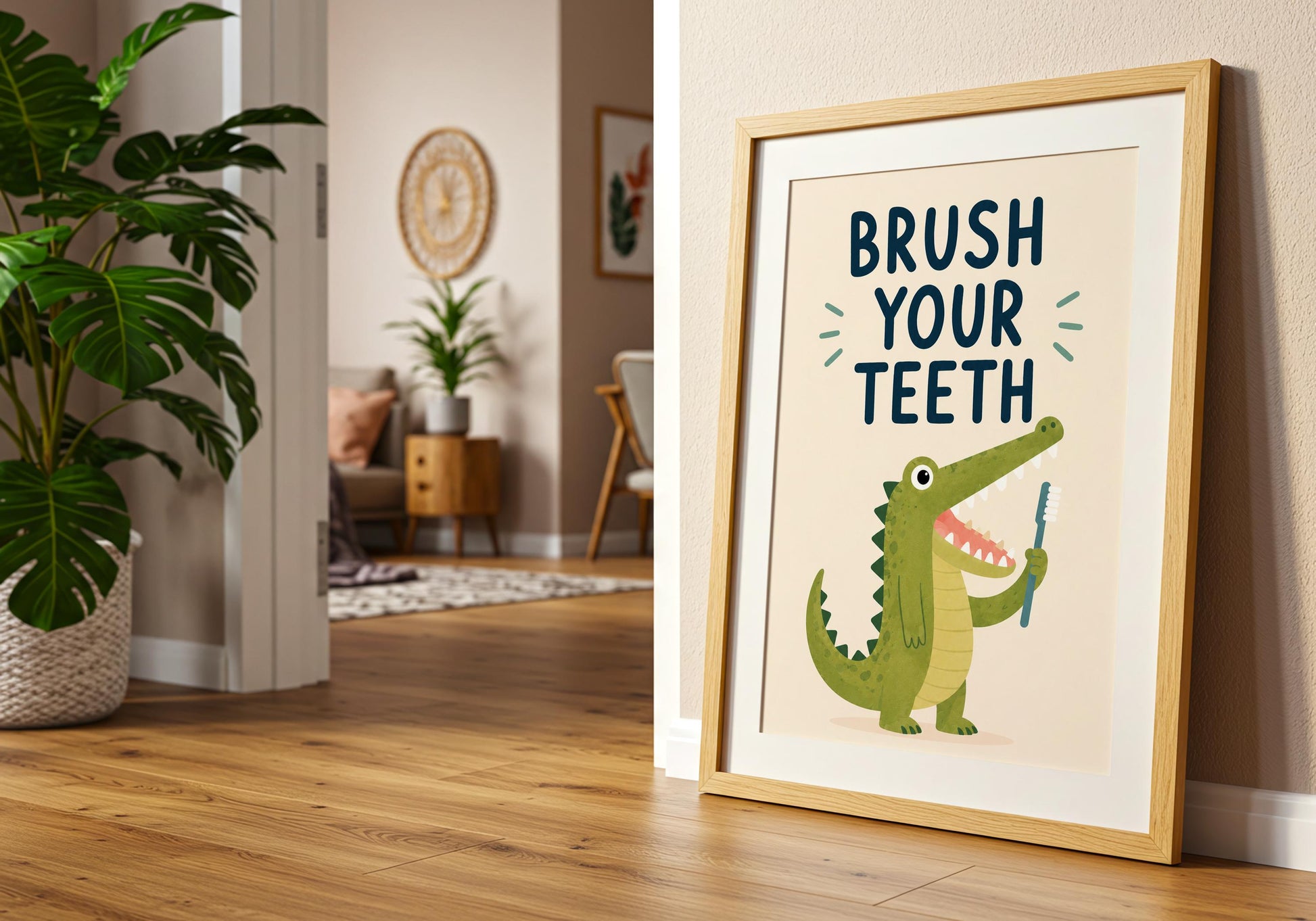 Brush your teeth poster with adorable crocodile artwork for toddlers, nurseries, and playrooms.