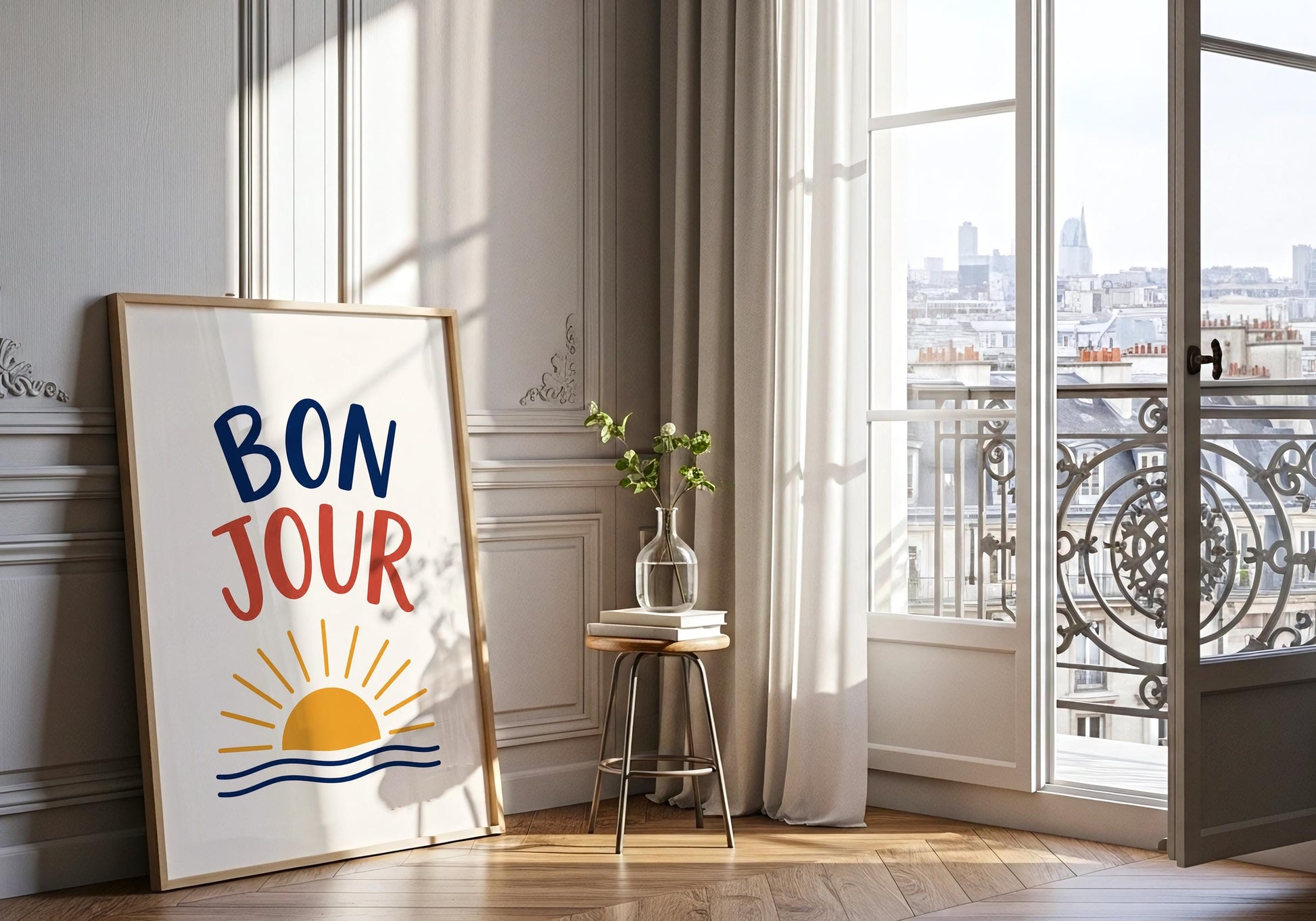 Minimalist quote wall art featuring a French greeting and contemporary graphic design.