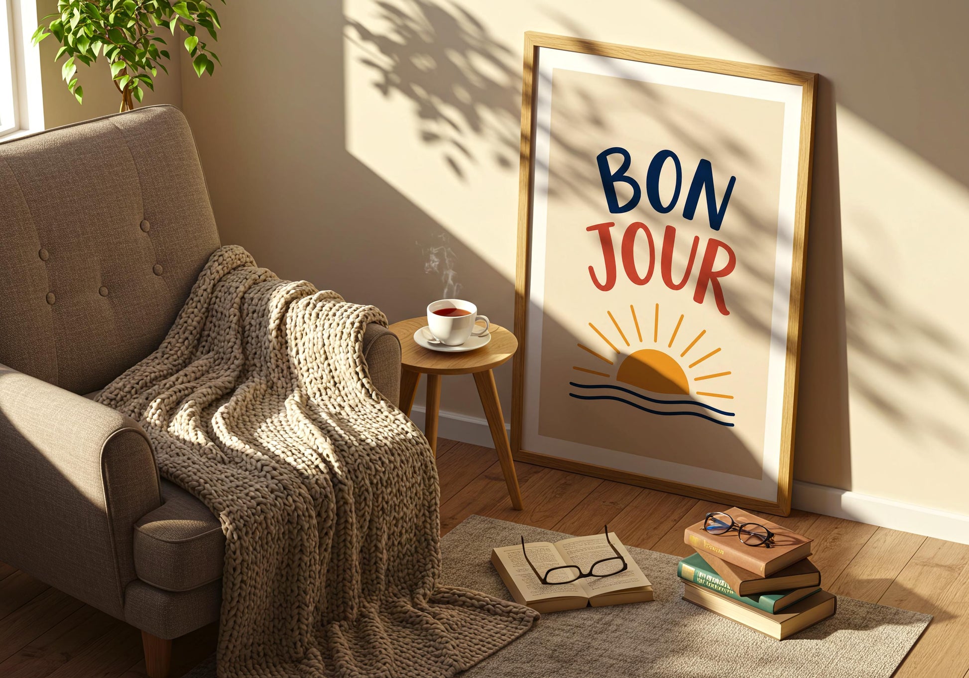 Parisian home décor print featuring Bonjour typography and modern illustration.