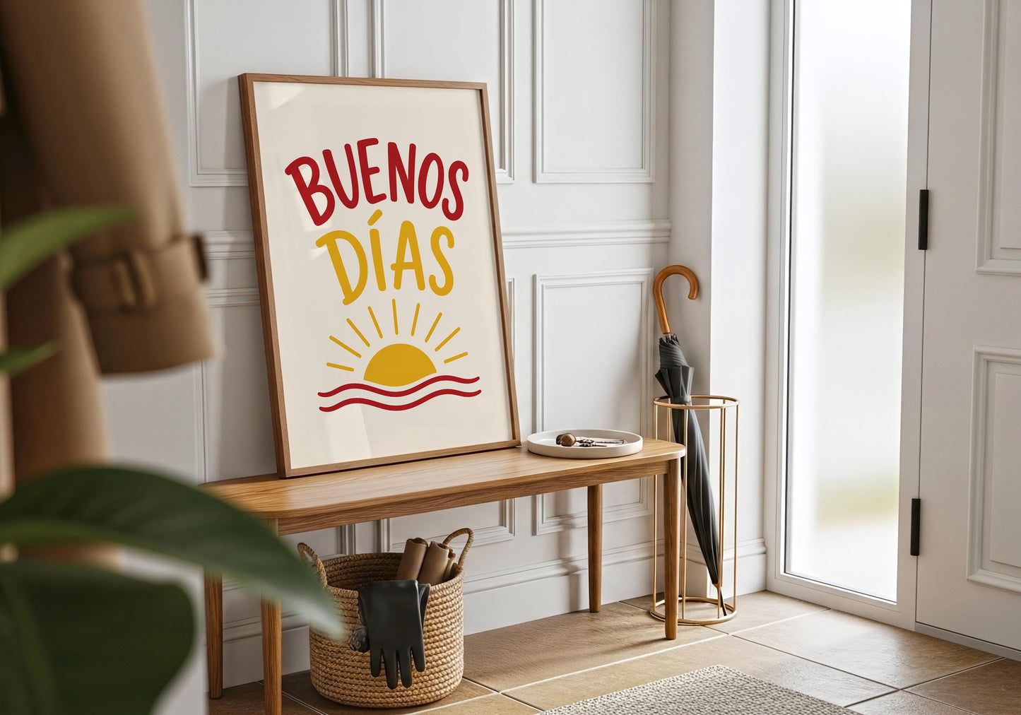 Mediterranean typography print with the phrase Buenos Días and minimalist sunrise graphic.