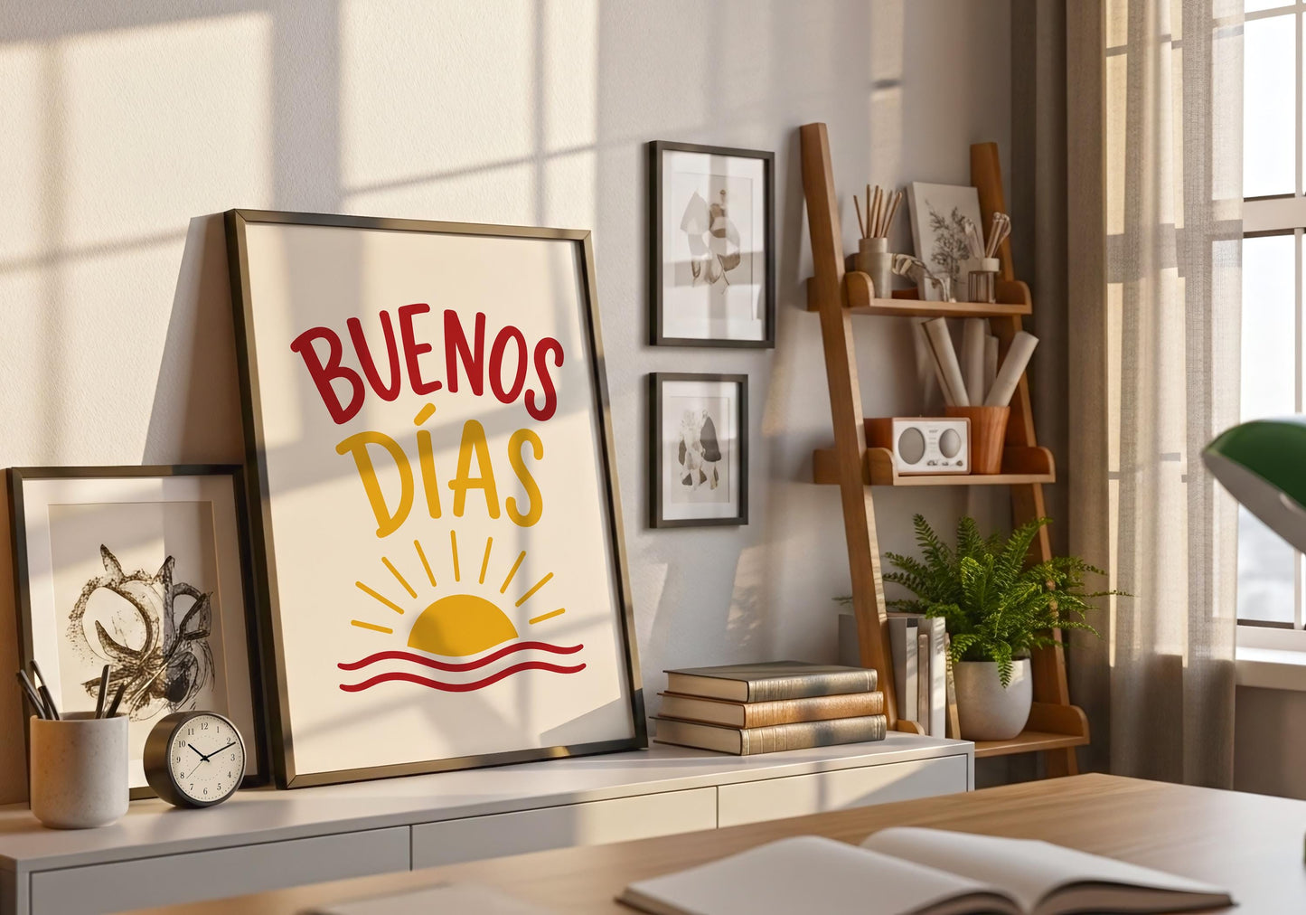 Spanish quote print with warm sunrise artwork for Mediterranean home décor.