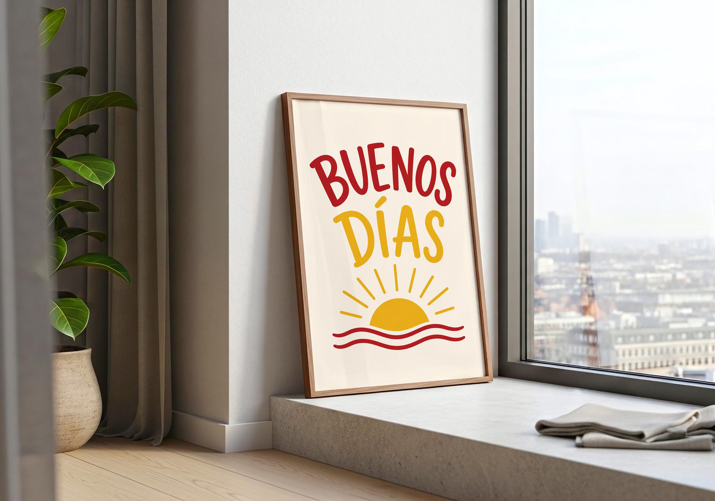 Bright Spanish typography poster with sunrise illustration for Mediterranean-inspired interiors.
