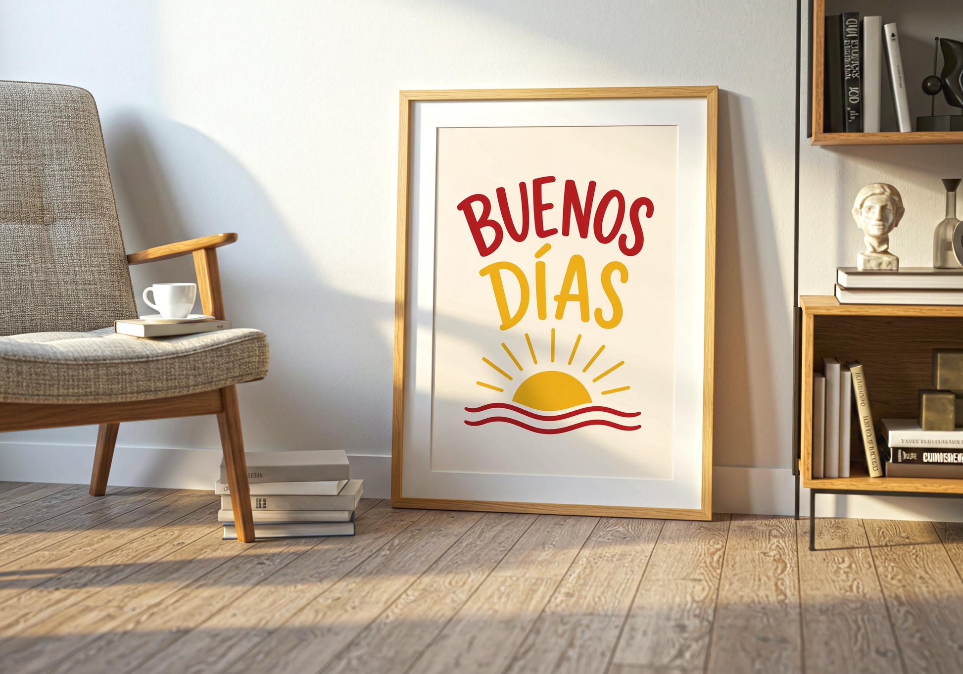 Contemporary Buenos Días print featuring colourful lettering and warm sunshine artwork.
