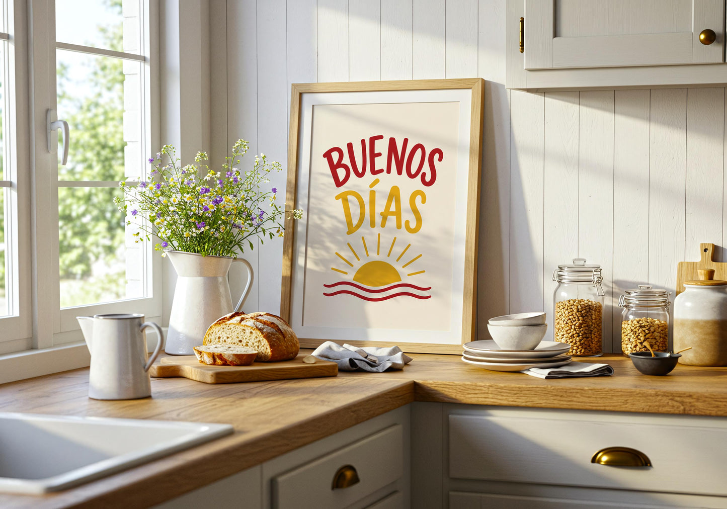 Kitchen wall art featuring the phrase Buenos Días with a cheerful sunrise design.