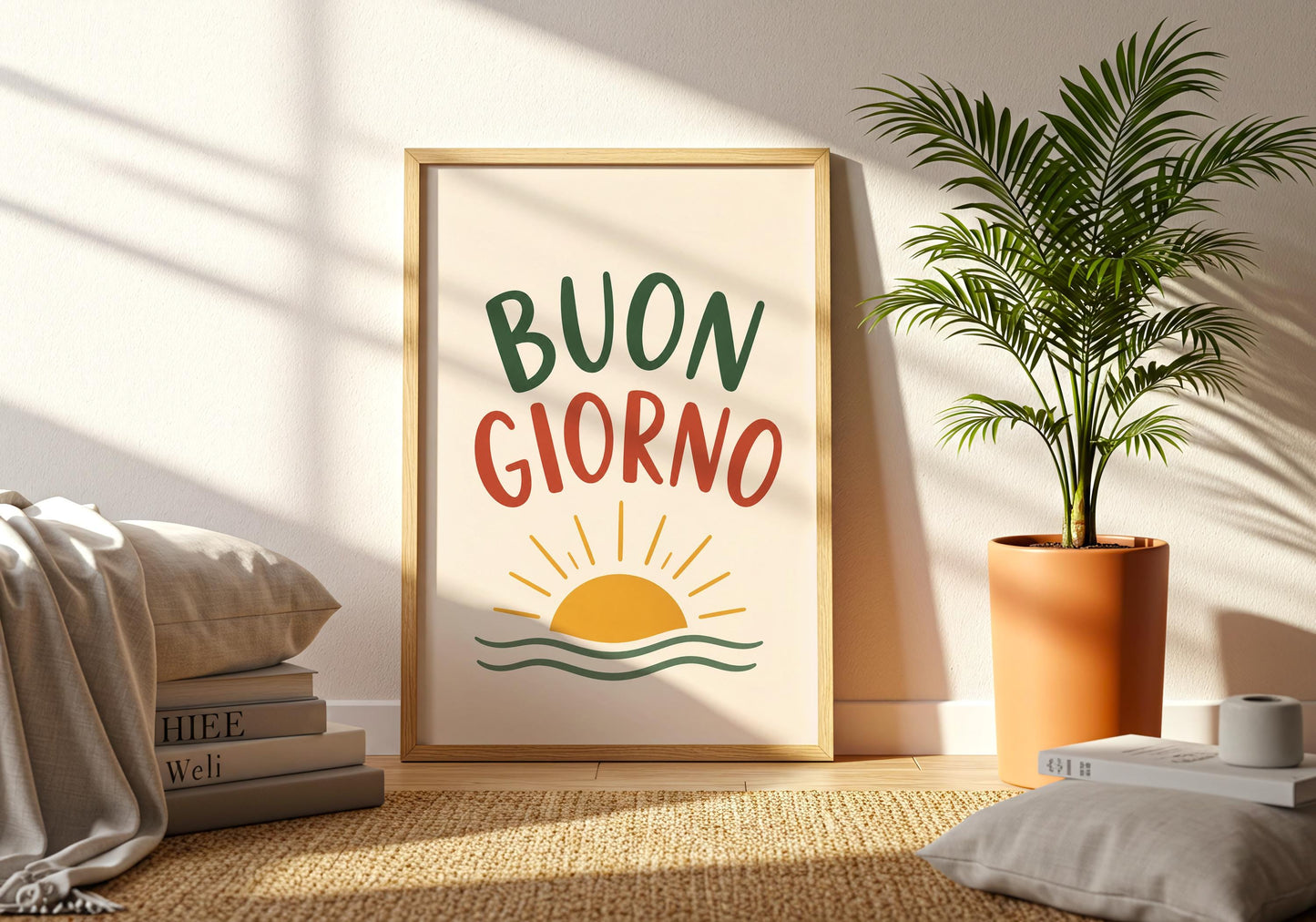Italian wall art with colourful lettering and sunshine design for kitchens and dining rooms.