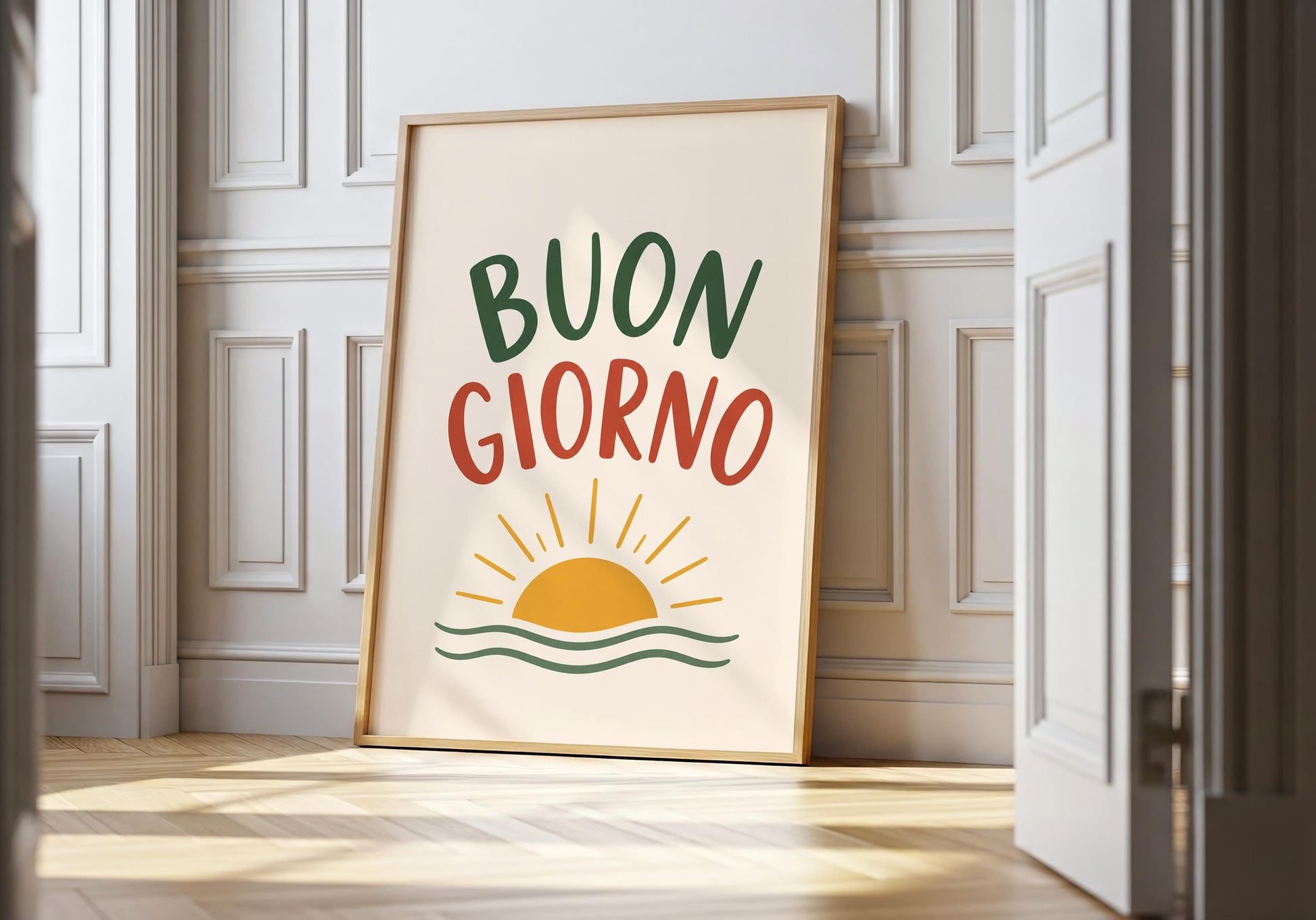 Buon Giorno wall art featuring colourful Italian typography with a minimalist sunrise illustration.