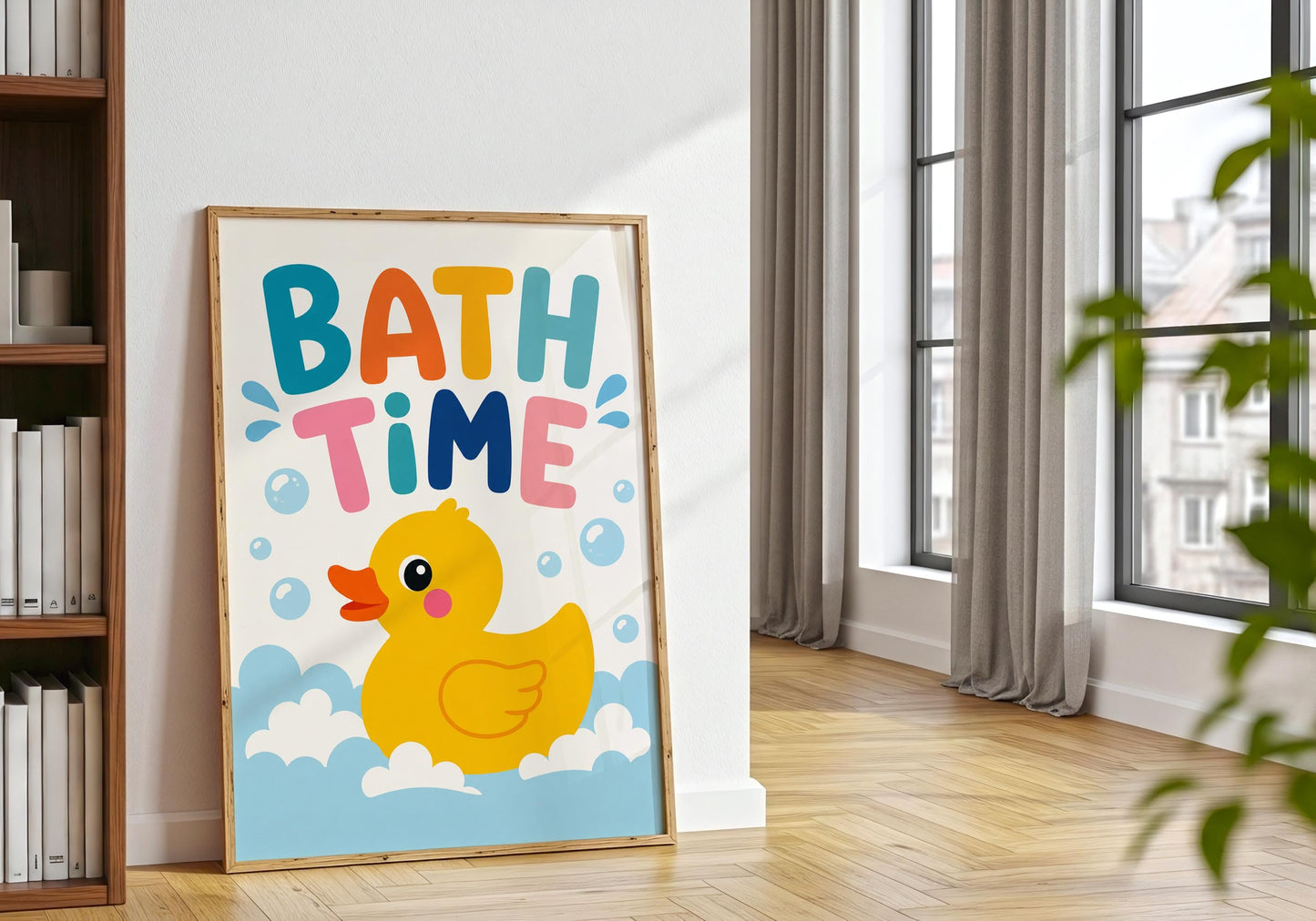 Nursery bathroom print with a playful duck and bubble bath theme for toddlers.