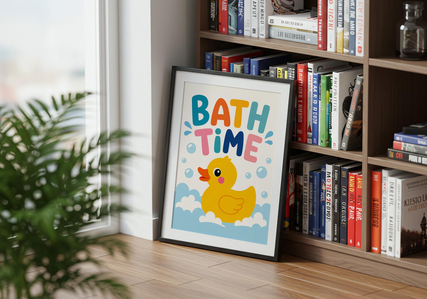 Toddler bathroom wall art with colourful lettering and a cheerful duck illustration.