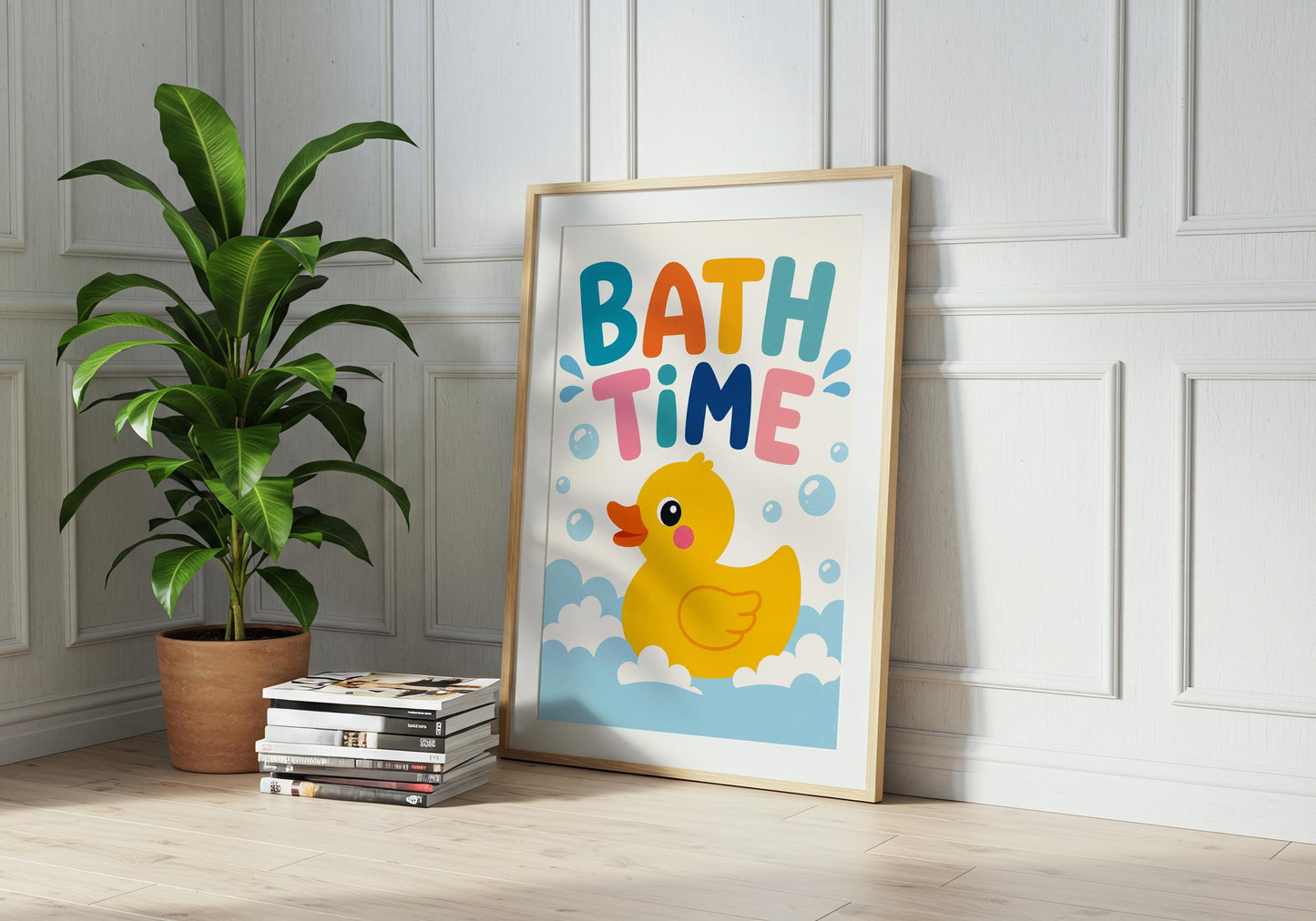 Rubber duck poster designed to brighten children's bathrooms and play spaces.