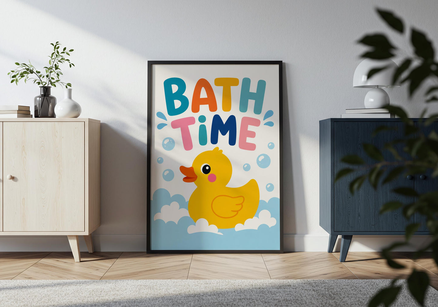 Cute duck bathroom print with colourful typography encouraging fun bath time routines.