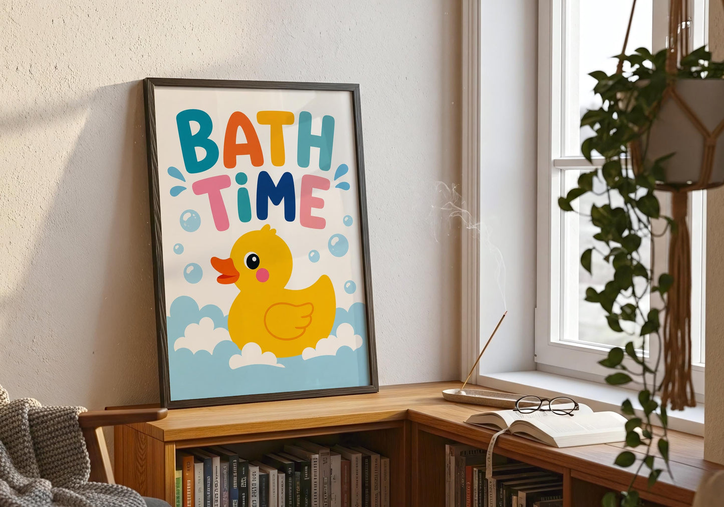 Bath time décor featuring a cartoon rubber duck for modern kids' bathrooms.