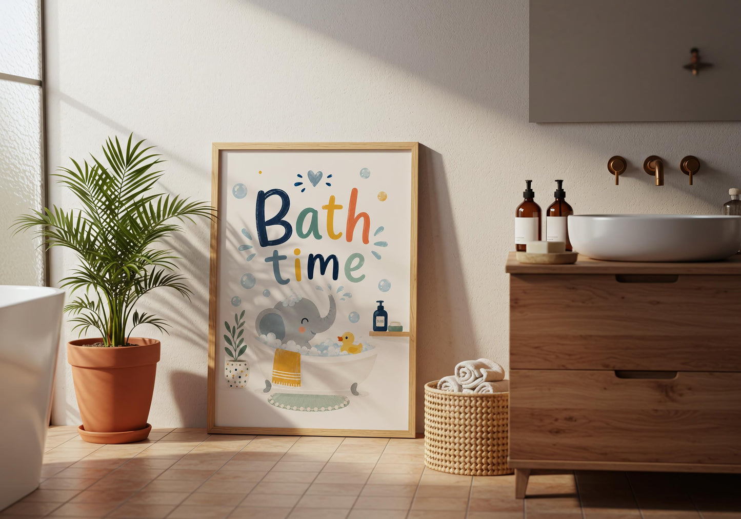 Children's bathroom wall art featuring an elephant, bubbles, and rubber duck in a modern nursery.