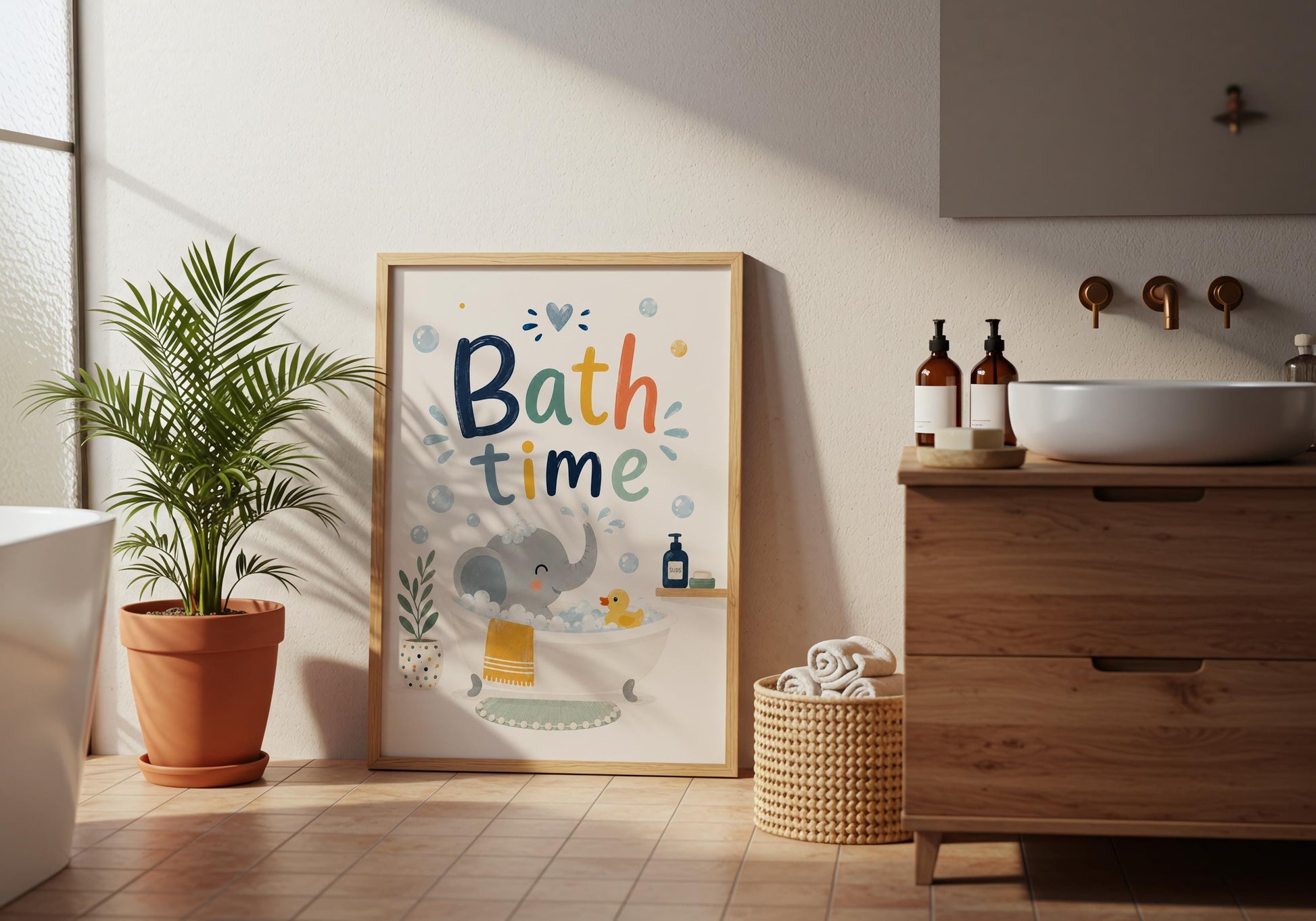 Children's bathroom wall art featuring an elephant, bubbles, and rubber duck in a modern nursery.