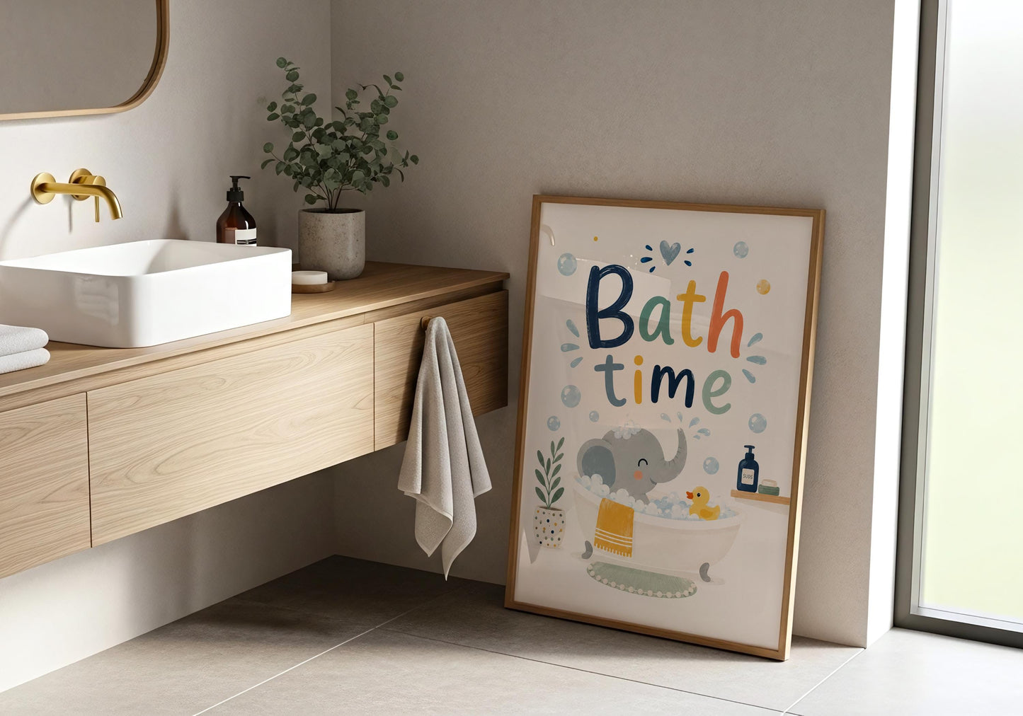 Elephant bathroom print with colourful Bath Time lettering and playful bubbles for kids.