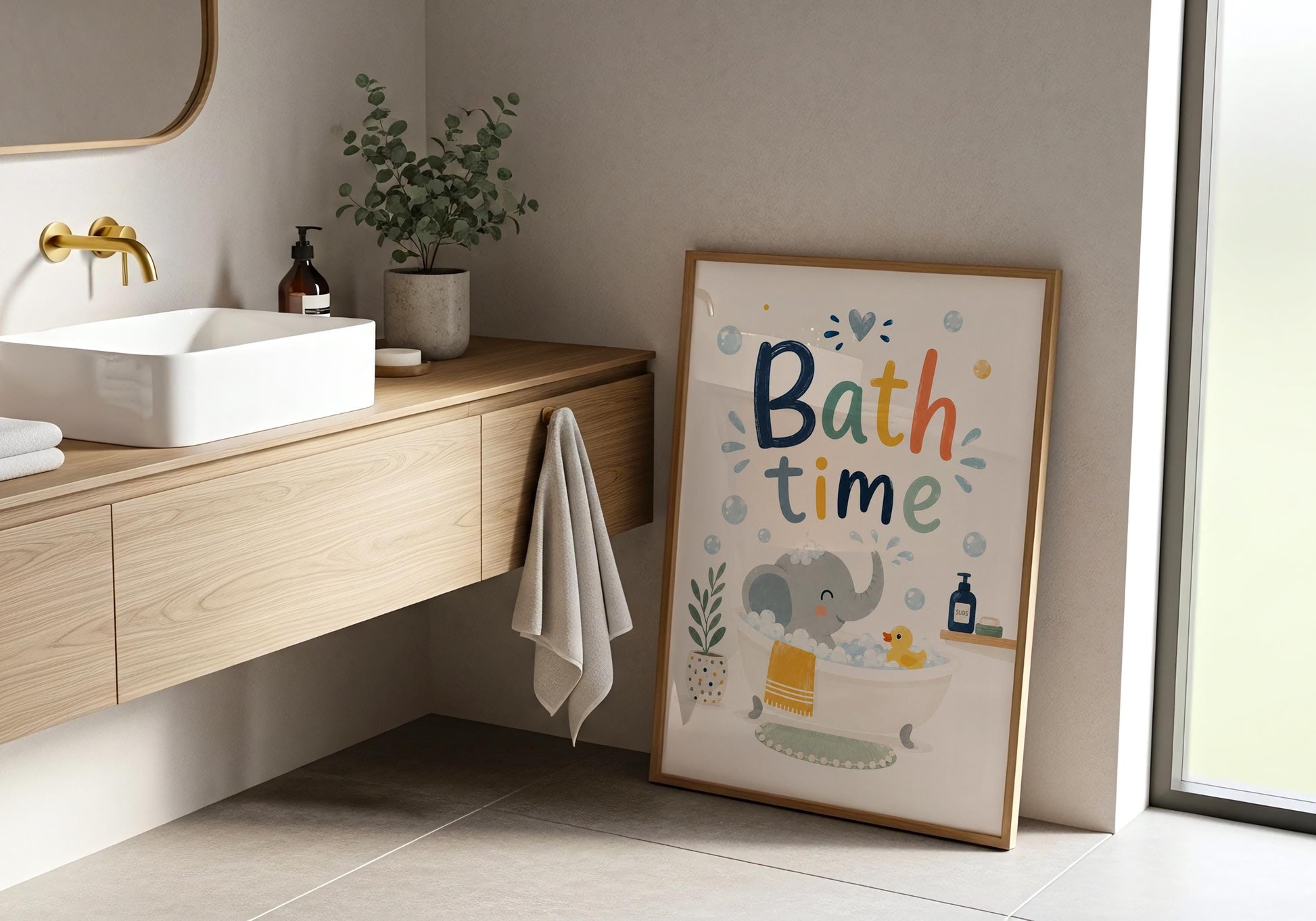 Elephant bathroom print with colourful Bath Time lettering and playful bubbles for kids.