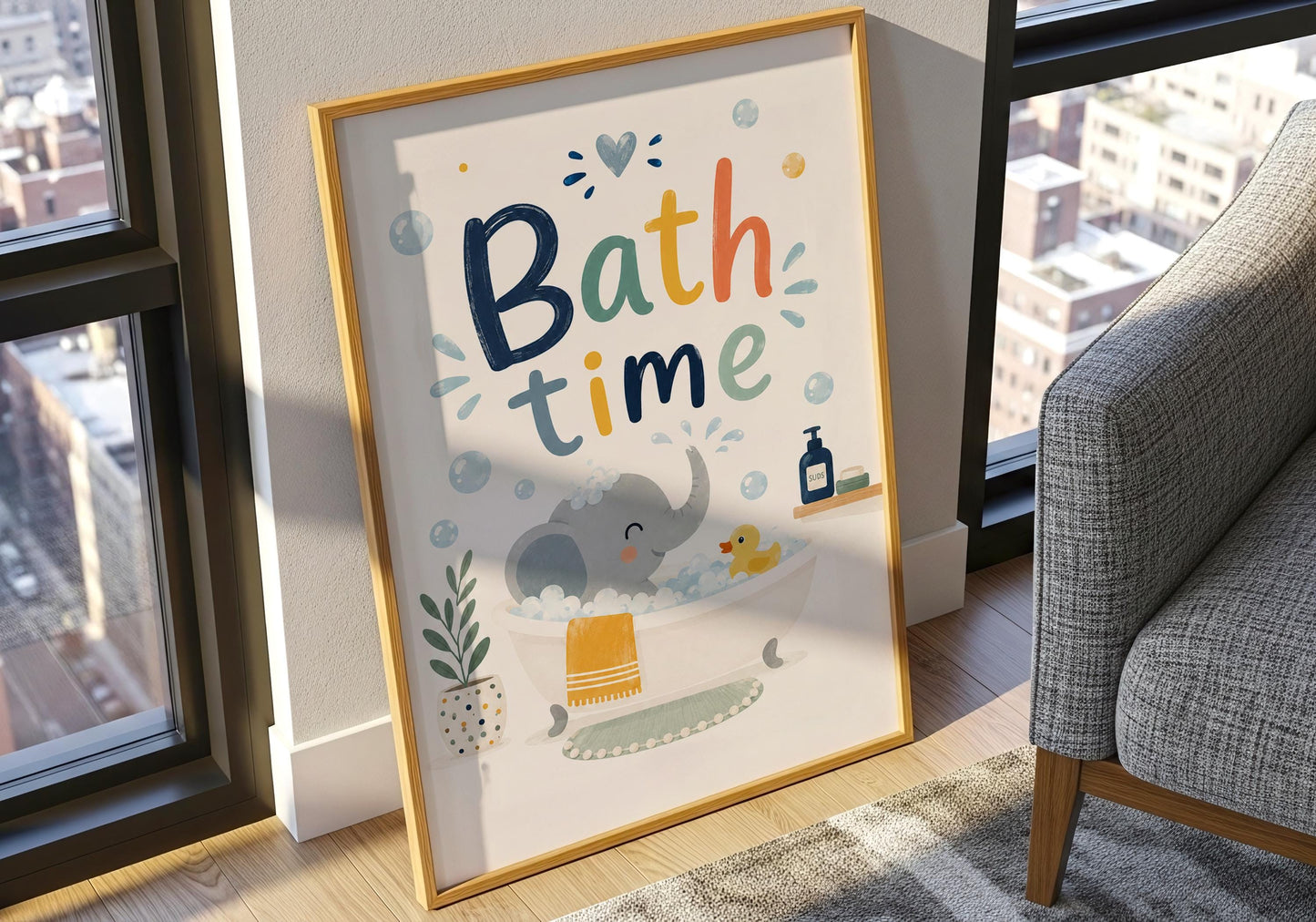 Bath time elephant print designed for toddler bathrooms and nursery decor.
