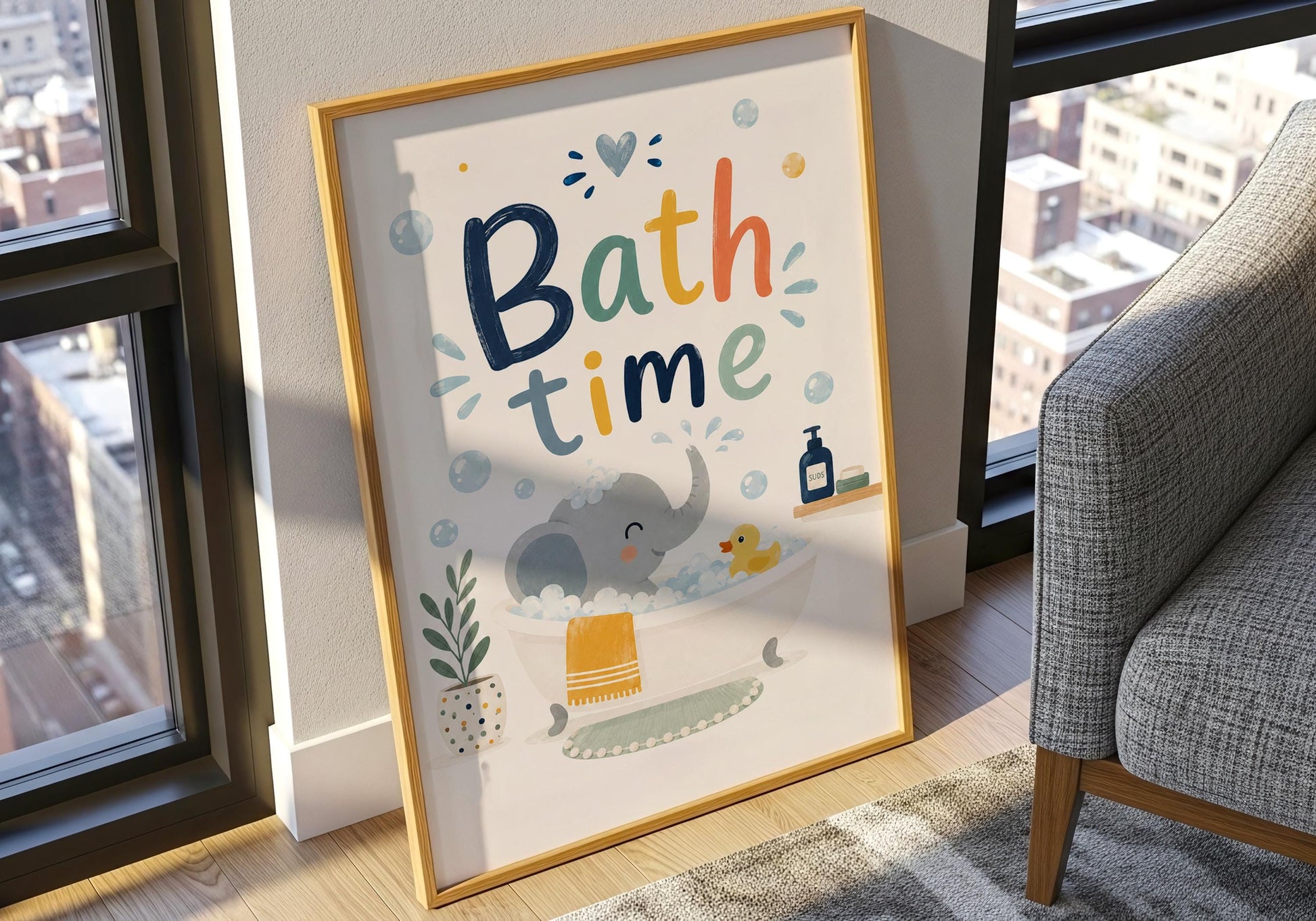 Bath time elephant print designed for toddler bathrooms and nursery decor.