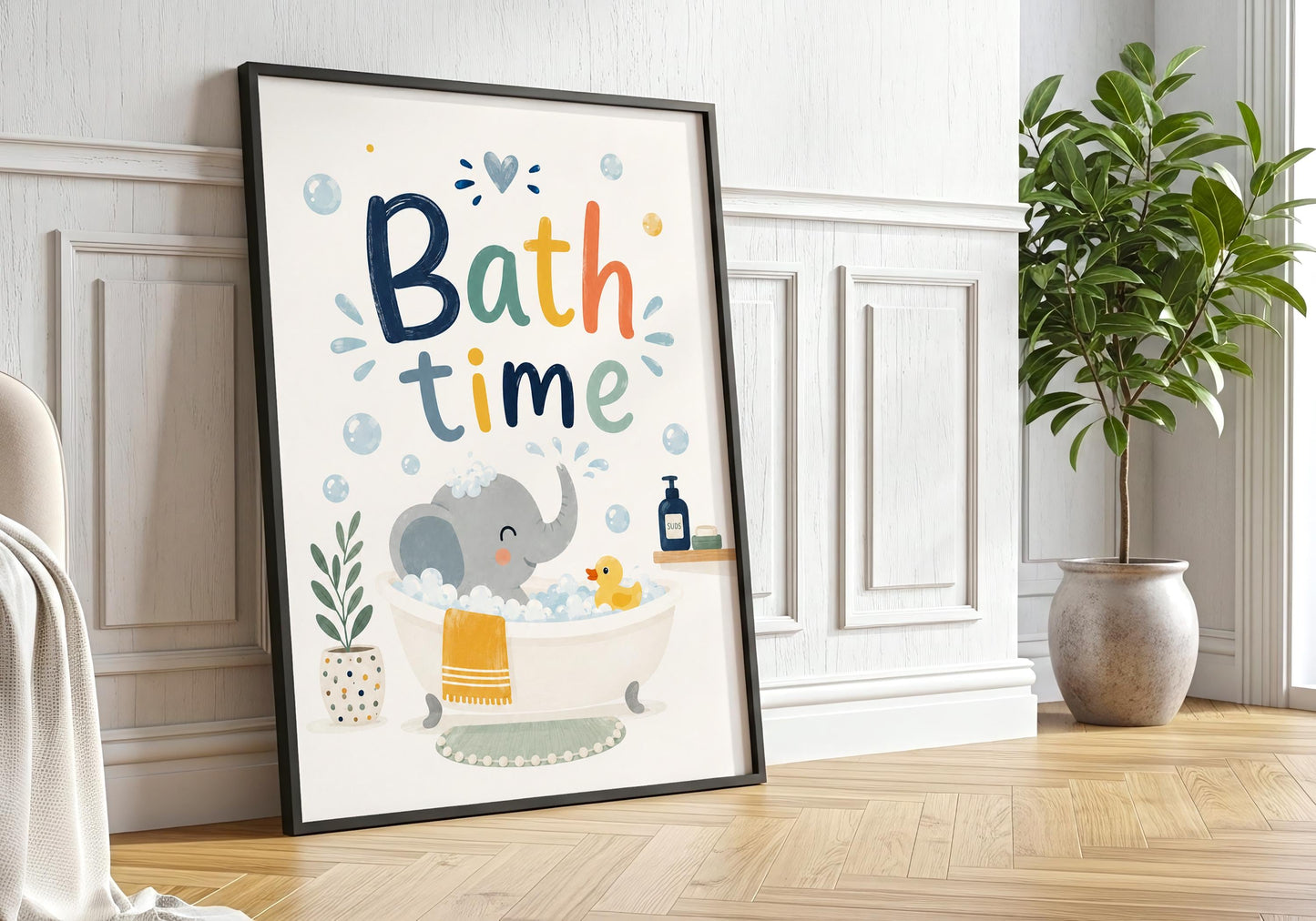 Kids bathroom poster with bath time typography and adorable elephant illustration.