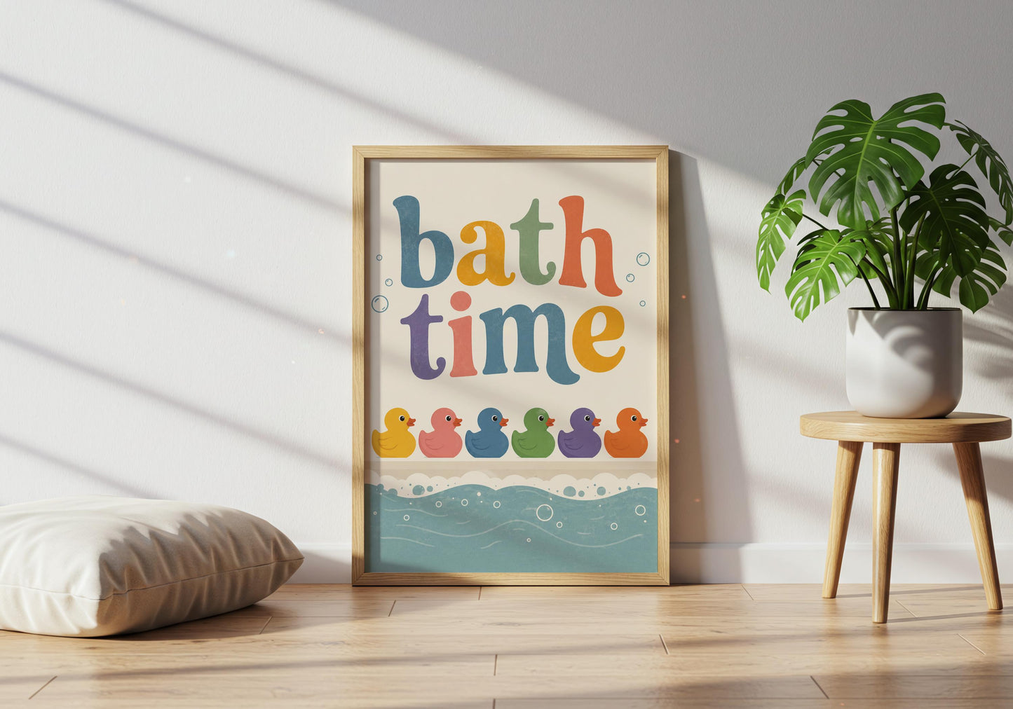 Children's bathroom wall art featuring colourful ducks and a fun Bath Time message.
