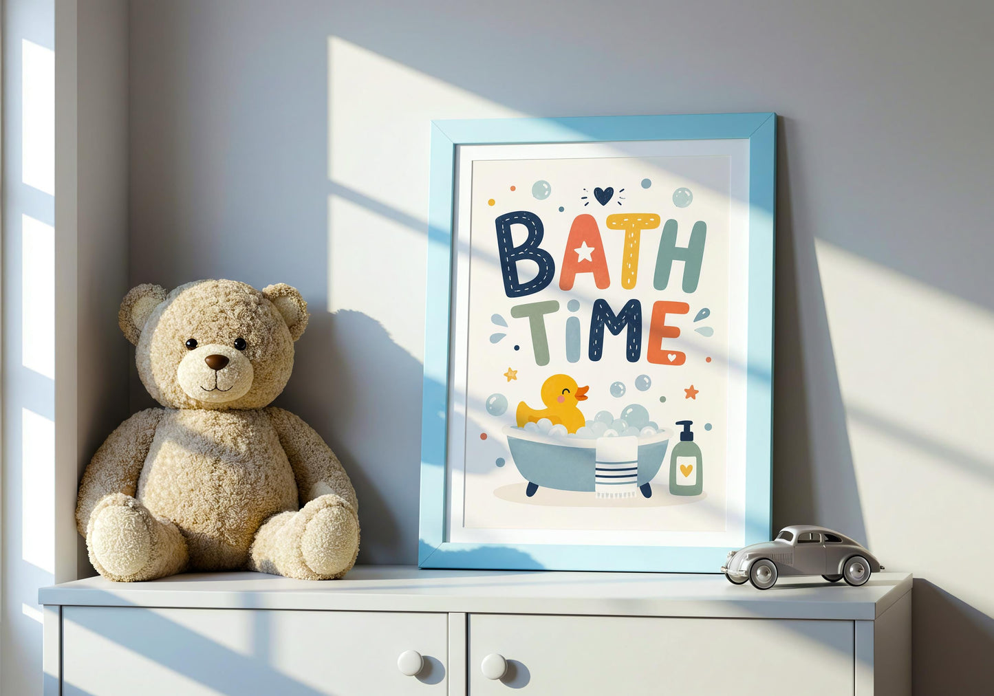 Kids bath poster featuring a cheerful rubber duck surrounded by bubbles.
