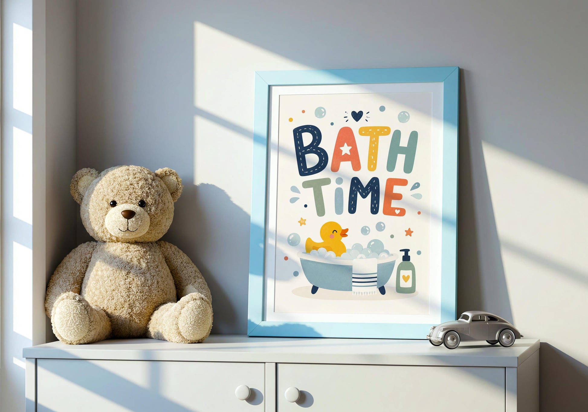 Kids bath poster featuring a cheerful rubber duck surrounded by bubbles.