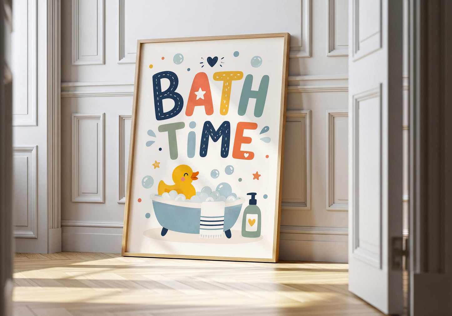 Kids bathroom wall art featuring a rubber duck in a bubbly bathtub with colourful bath routine typography.