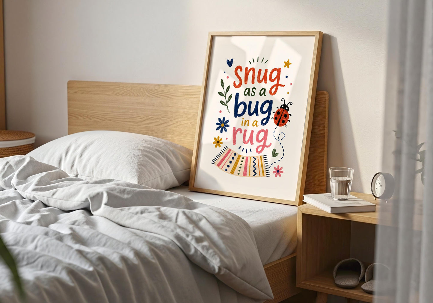 Woodland nursery print with a playful ladybird and colourful hand-lettered nursery quote.