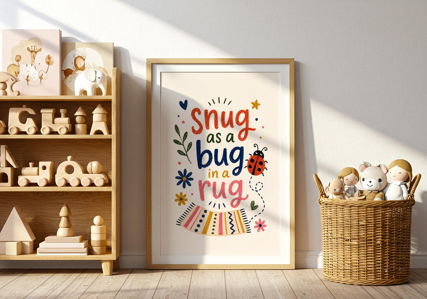 Baby room wall art with the Snug as a Bug in a Rug saying and whimsical floral details.