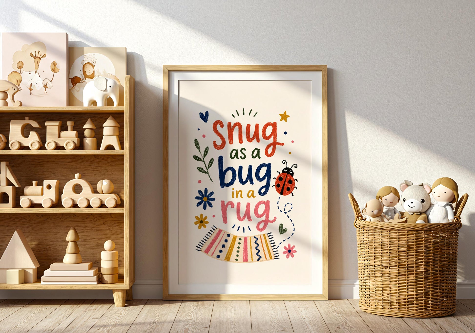 Baby room wall art with the Snug as a Bug in a Rug saying and whimsical floral details.