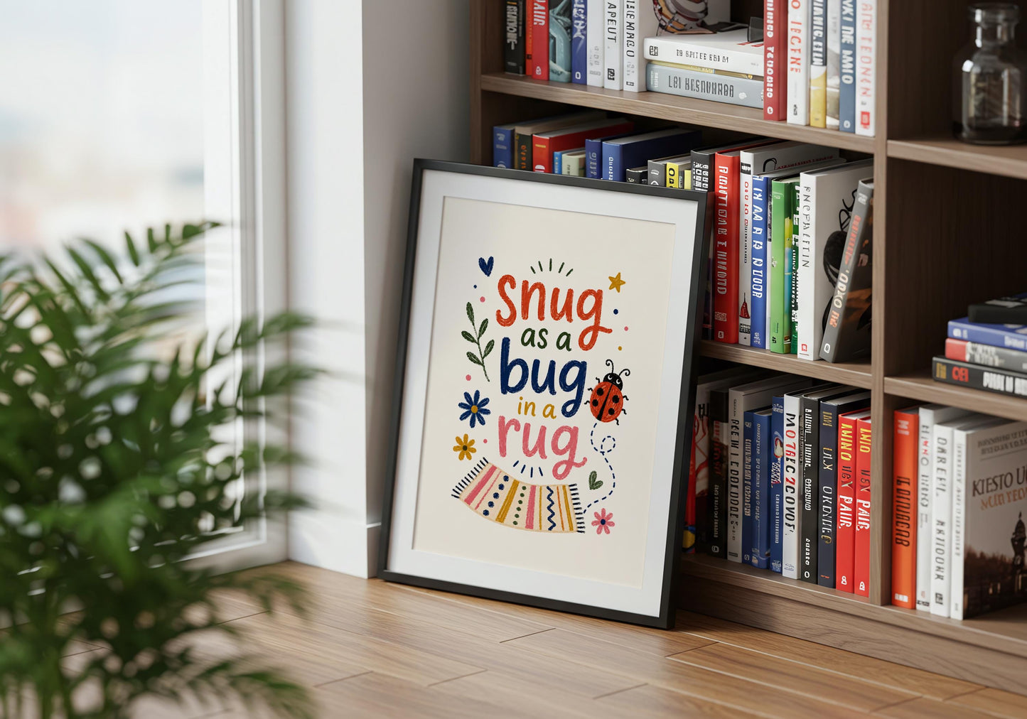 Nursery typography wall art inspired by the classic Snug as a Bug in a Rug phrase.