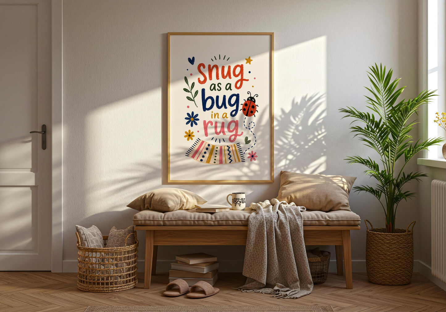 Baby shower gift idea featuring a cosy nursery quote and hand-drawn ladybird illustration.
