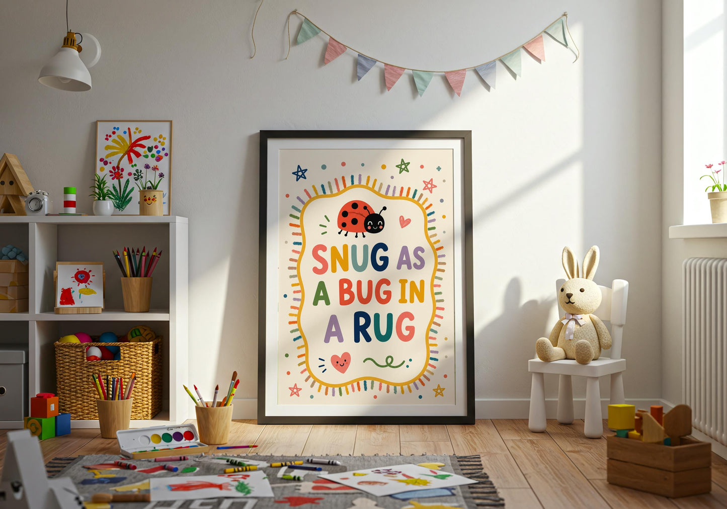Children's bedroom wall art with the Snug As A Bug In A Rug saying and playful nursery design.