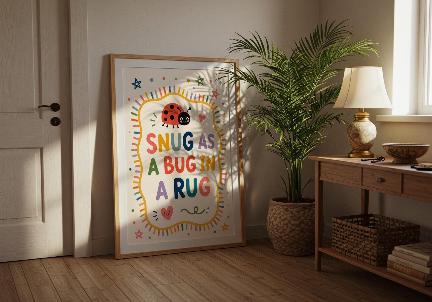 Gender-neutral nursery print with colourful typography and friendly ladybird illustration.