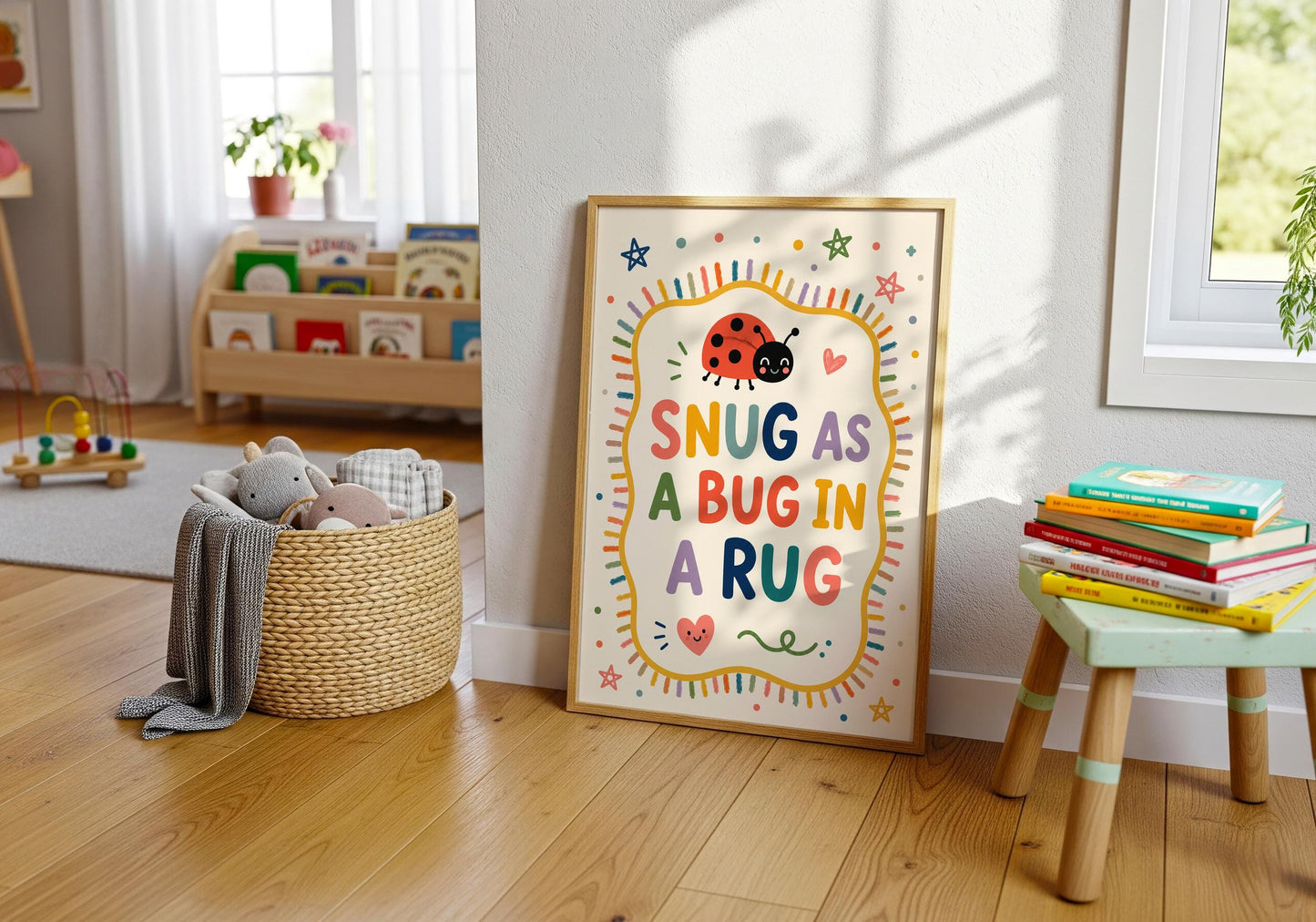 Baby room decor featuring colourful nursery typography and a cheerful ladybird.