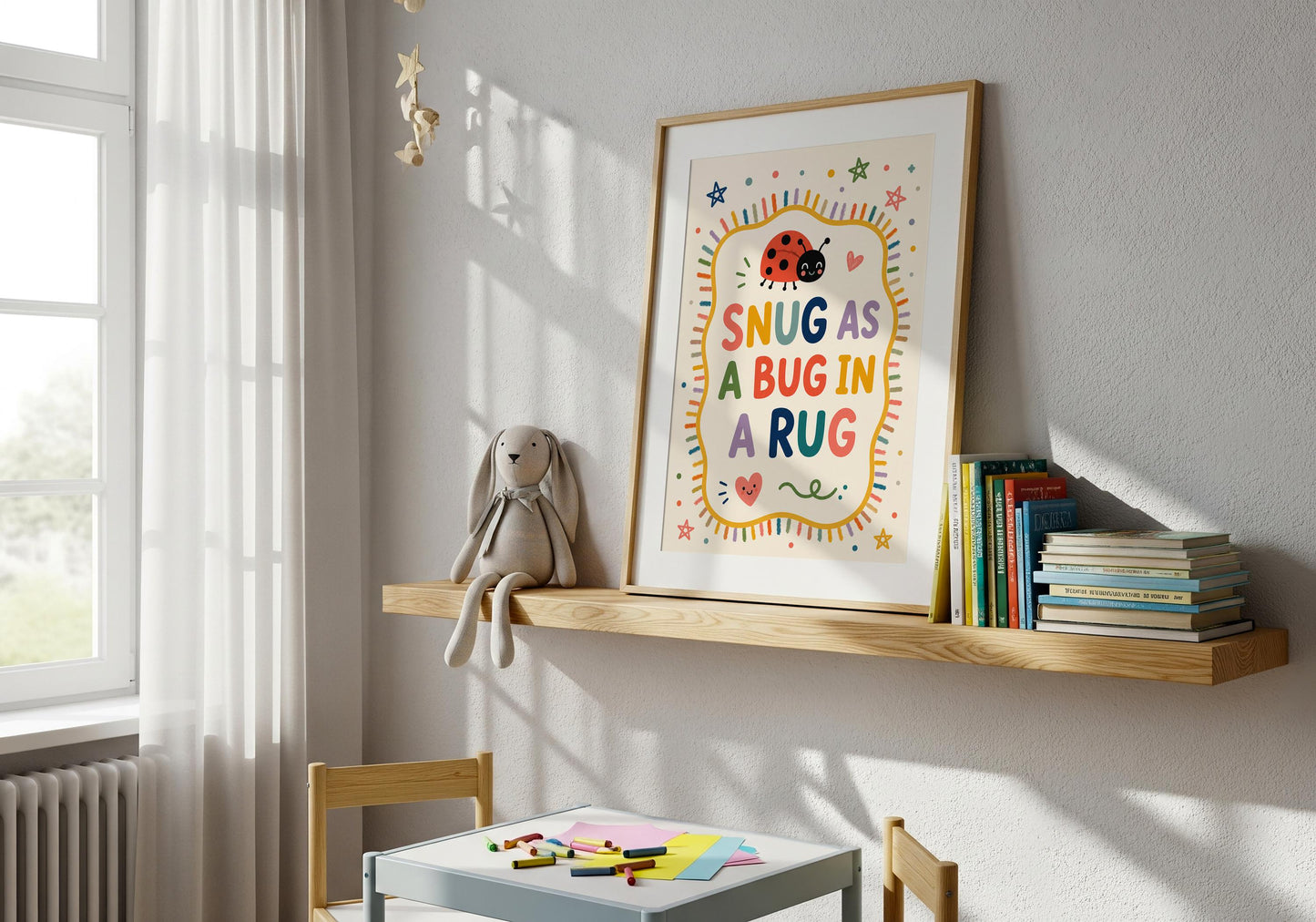 Playroom wall art with vibrant nursery quote and colourful hand-lettered typography.