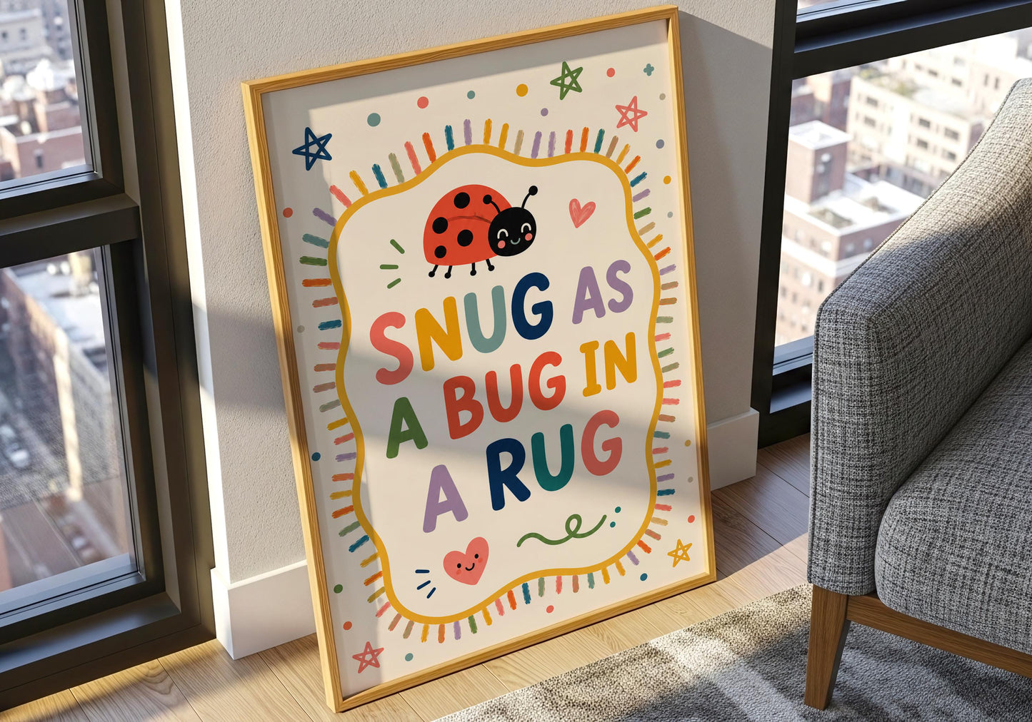 Modern nursery poster with a cute bug illustration and colourful children's quote.