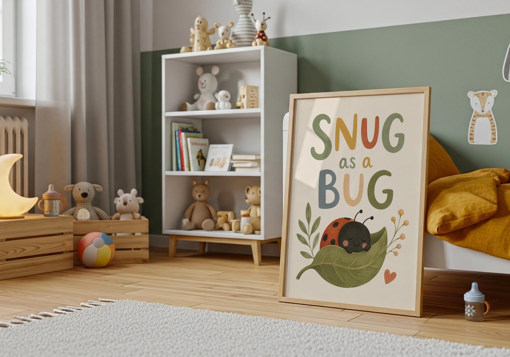 Nursery artwork with a peaceful sleeping ladybug for baby room decor.