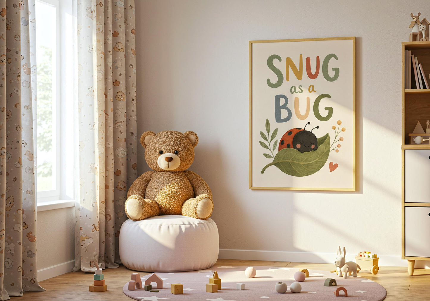 Woodland-inspired nursery print with botanical details and comforting quote.