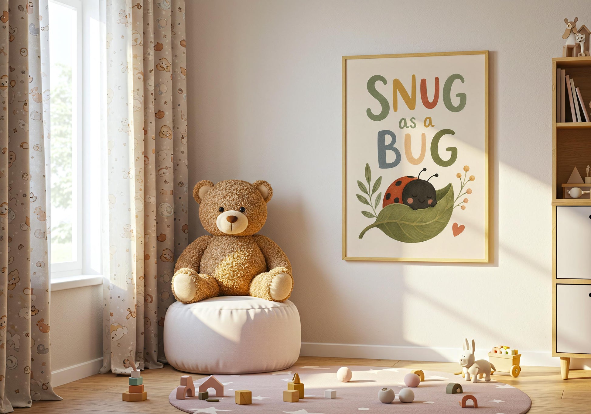 Woodland-inspired nursery print with botanical details and comforting quote.