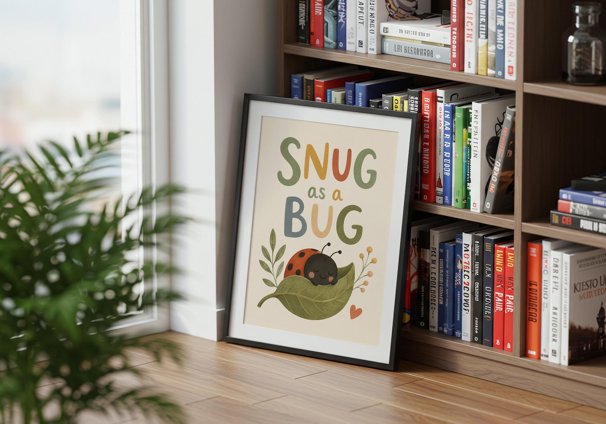 Cute animal nursery poster with Snug As A Bug quote and soft neutral tones.