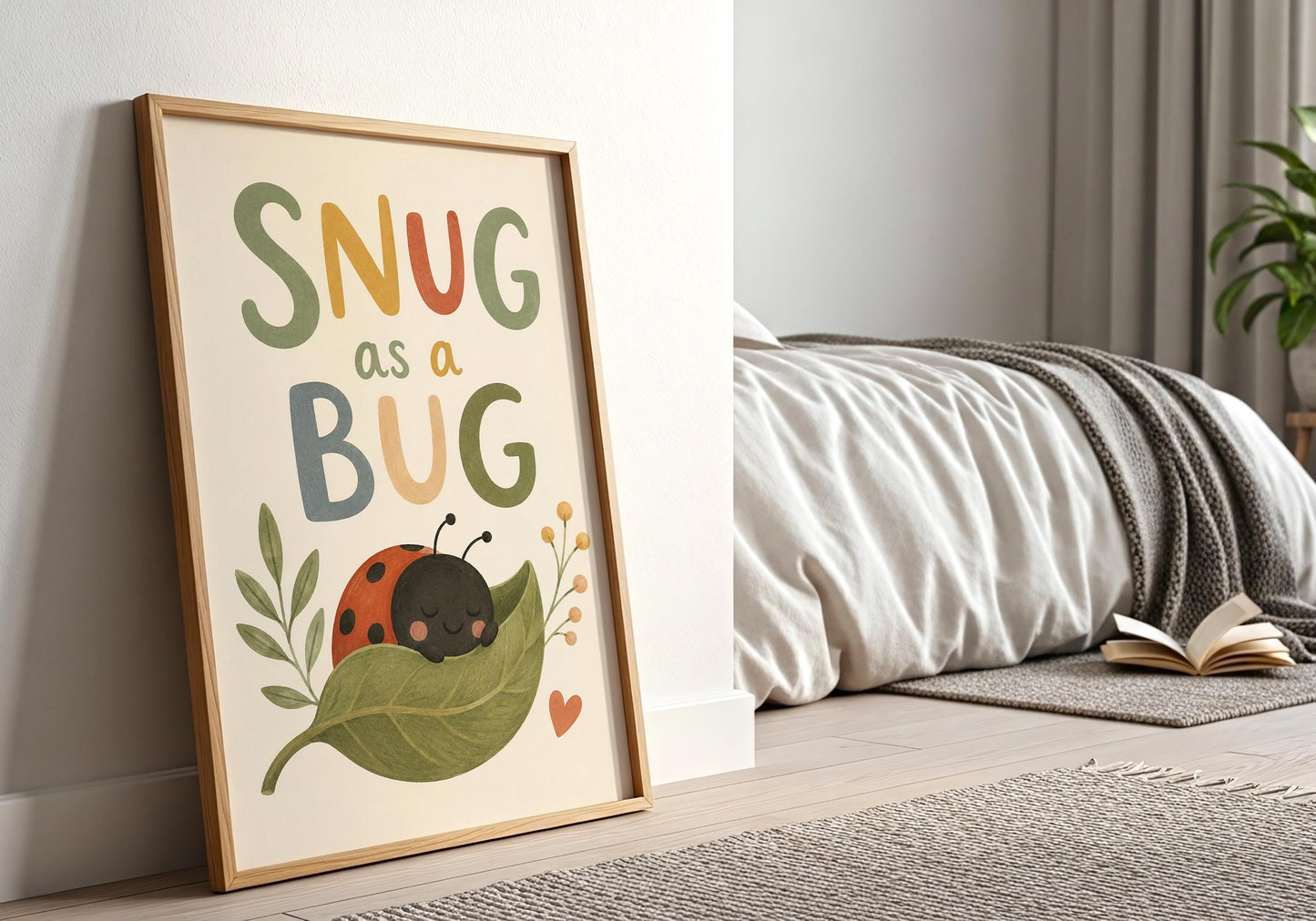Nursery wall art featuring a cosy sleeping bug and botanical leaf design.