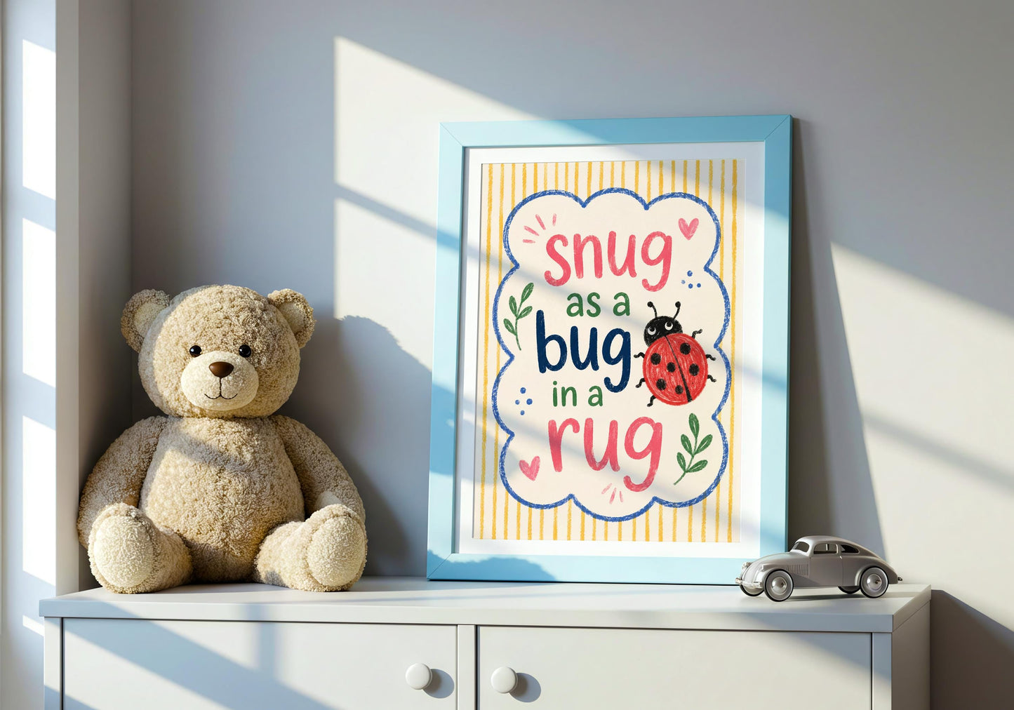 Children's quote poster with colourful lettering and bug illustration.